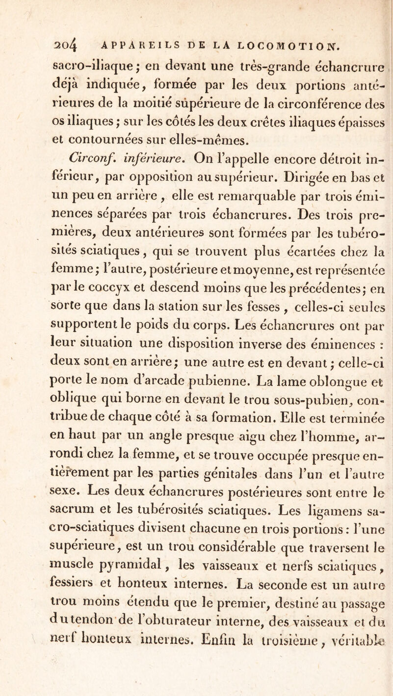 sacro-iliaque ; en devant une très-grande échancrure déjà indiquée, formée par les deux portions anté- rieures de la moitié supérieure de la circonférence des os iliaques ; sur les côtés les deux crêtes iliaques épaisses et contournées sur elles-mêmes. Circonf, inférieure. On l’appelle encore détroit in- férieur, par opposition au supérieur. Dirigée en bas et un peu en arrière , elle est remarquable par trois émi- nences séparées par trois échancrures. Des trois pre- mières, deux antérieures sont formées par les tubéro- sités sciatiques, qui se trouvent plus écartées chez la femme ; l’autre, postérieure et moyenne, est représentée parle coccyx et descend moins que les précédentes; en sorte que dans la station sur les fesses , celles-ci seules supportent le poids du corps. Les échancrures ont par leur situation une disposition inverse des éminences : deux sont en arrière ; une autre est en devant ; celle-ci porte le nom d’arcade pubienne. La lame obîongue et oblique qui borne en devant le trou sous-pubien^ con- tribue de chaque côté à sa formation. Elle est terminée en haut par un angle presque aigu chez l’homme, ar- rondi chez la femme, et se trouve occupée presque en- tièrement par les parties génitales dans l’un et l’autre sexe. Les deux échancrures postérieures sont entre le sacrum et les tubérosités sciatiques. Les ligamens sa- cro-sciatiques divisent chacune en trois portions : l’une supérieure, est un trou considérable que traversent le muscle pyramidal, les vaisseaux et nerfs sciatiques, fessiers et honteux internes. La seconde est un autre trou moins etendu que le premier, destiné au passage du tendon'de l’obturateur interne, des vaisseaux et du \ net l honteux internes. Enfin la troisième, véritable