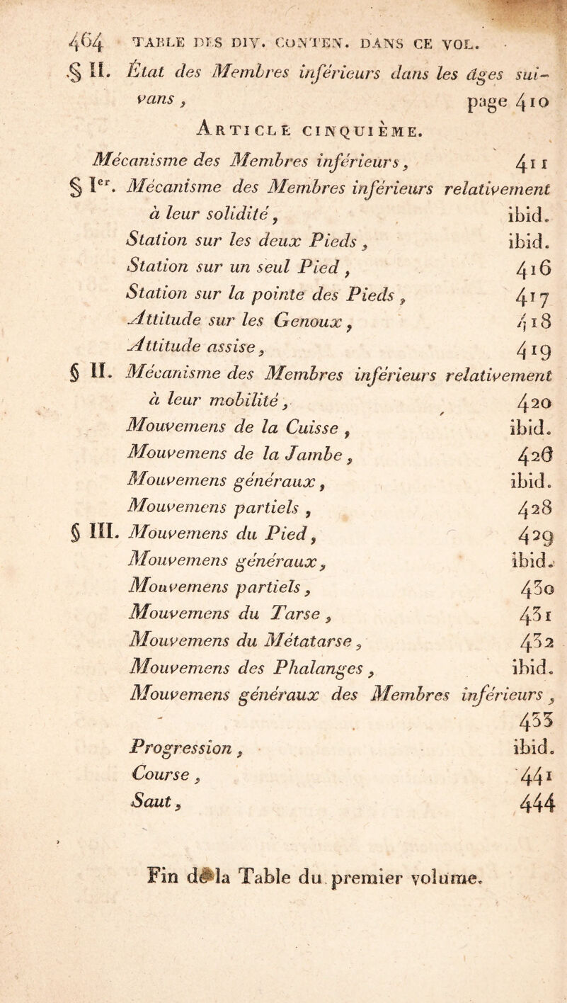 .§ n. État des Membres inférieurs dans les âges sui- vcms y 410 Article cinquième. Mécanisme des Membres inférieurs y /^ii § Mécanisme des Membres inférieurs relativement à leur solidité y ibld. Station sur les deux Pieds , ibid. Station sur un seul Pied, Station sur la pointe des Pieds, 4^7 Mttitude sur les Genoux, 4^3 Mttitude assise y 4^9 § II. Mécanisme des Membres inférieurs relativement à leur mobilité y A20 ✓ * Mouvemens de la Cuisse , ibid. Mouvemens de la Jambe y Mouvemens généraux y ibid. Mouvemens partiels , 4^8 § III. Mouvemens du Pied y 4^9 Mouvemens généraux y ibid.- Mouvemens partiels, 4^0 Mouvemens du Tarse y fS \ Mouvemens du Métatarse y 4^^ Mouvemens des Phalanges y ibid. Mouvemens généraux des Membres inférieures y 455 Progression y ibid. Course y 44 ^ Saut y 444 Fin d#la Table du premier volume.