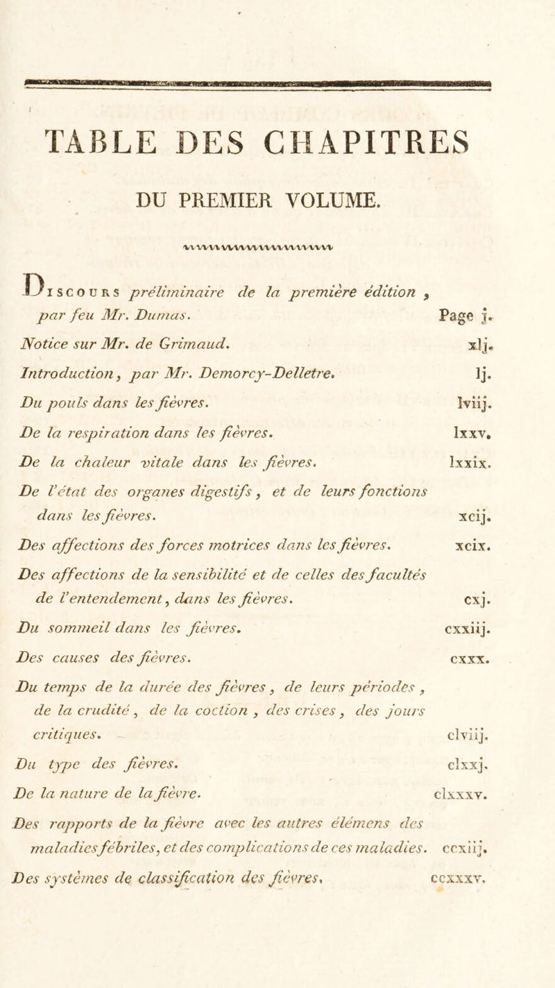 TABLE DES CHAPITRES DU PREMIER VOLUME. 'VWIUUWWWVIUWVW Discours préliminaire cle la première édition , par feu Mr. Dumas. Page j. Notice sur Mr. de Grimaud. xlj. Introduction, par Mr. Demorcy-Delletre. Ij. Du pouls dans les fièvres. Iviij. De la respiration dans les fièvres. Ixxv. De la chaleur vitale dans les fièvres. Ixxix. De létal des organes digestifs, et de leurs fonctions dans les fièvres. xcij. Des affections des forces motrices clans les fièvres. xcix. Des affections de la sensibilité et de celles des facultés de l’entendement, dans les fièvres. cxj. Du sommeil dans les fièvres. cxxiij. Des causes des fièvres. cxxx. Du temps de la durée des fièvres &gt; de leurs périodes , de la crudité, de la coction , des crises, des fours critiques. clviij. Du type des fièvres. clxxj. De la nature de la fièvre. clxxxv. Des rapports de la fièvre avec les autres élémens des maladies fébriles, et des complications de ces maladies, ccxiij. Des systèmes cle classification des fièvres. ccxxxv.