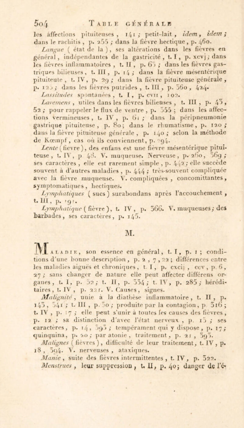 les affections pituiteuses, i/»i; petit-lait , idem, idem; dans le rachitis , p. 255 ; dans la fièvre hectique, p. 460. Langue ( état de la ), ses altérations dans les fièvres en général, indépendantes de la gastricité , t. 1 , p. xcvj;dans les liè\res inflammatoires , t. II , p. 6 &gt; ; dans les fièvres gas- triques bilieuses, t. 111, p. 14 ; dans la fièvre mésentérique pituiteute , t. IV, p. 29; dans la fièvre pituiteuse générale , p. 12j ; dans les fièvres putrides , t. III , p. 56o , 424* Lassitudes spontanées, t. 1, p. cvn , 102. Lavemens , utiles dans les fièvres bilienses , t. III , p. 4'* » 62 ; pour rappeler le flux de ventre , p. 555 ; dans les affec- tions vermineuses, t# IV, p. (i 1 ; dans la péripneumonie gastrique pituiteuse, p. 80; dans le rhumatisme, p. 120,* dans la fièvre pituiteuse générale , p. 140 ; selon la méthode de Kœmpf , cas où ils conviennent, p. • 94. Lente ( fievre ), des enl’ans est une fièvre mésentérique pitui- teuse , l. IV, ]&gt; 48. V. muqueuse. Nerveuse, p. 260, &gt;69; ses caractères , elle est rarement simple , p. 442; elle succède souvent à d’autres maladies , p. 444 i très-souvent compliquée avec la fièvre muqueuse. V. compliquées , concomittantes, symptomatiques , hectiques. Lymphatiques ( sucs ) surabondans après l’accouchement , t. III, p. »9 f. Lytnphatique ( fièvre ), t. IV, p. 566. V. muqueuses; des barbades, ses caractères, p. j4'5. M. M a la ni f., son essence en général, t. I, p. 1 ; condi- tions d’une bonne description , p. 2 , 7,22 ; différences entre les maladies aigues et chroniques , t I , p. cxcii , ccv , p. 6, 27; sans changer de nature elle peut affecter différons or- ganes, t. I, p. 52; t. II, p. 534 ; t. IV', p. 285 ; hérédi- taires, t. IV, p. 2 2/. V. Causes, signes. Malignité^ unie a la diathèse inflammatoire, t. II, p. i43 , 54i ; t. III , p.5o; produite par la contagion, p 516; t. I V , p. : 7 ; elle peut s’unir a toutes les causes des fièvres , p. 12 ; sa distinction d’avec l’état nerveux , p 15 ; scs caractères, p. i/j, jqv ; tempérament qui y dispose, p. 17; quinquina, p. &gt;0; paratonie, traitement, p. 21 , 5q5. Malignes ( fièvres), difficulté de leur traitement, t. IV, p. 18, 5o4. V. nerveuses, ataxiques. Manie , suite des fièvres intermittentes , t. IV , p. 522. Menstrues , leur suppression ; t. II, p. 40j danger de le-