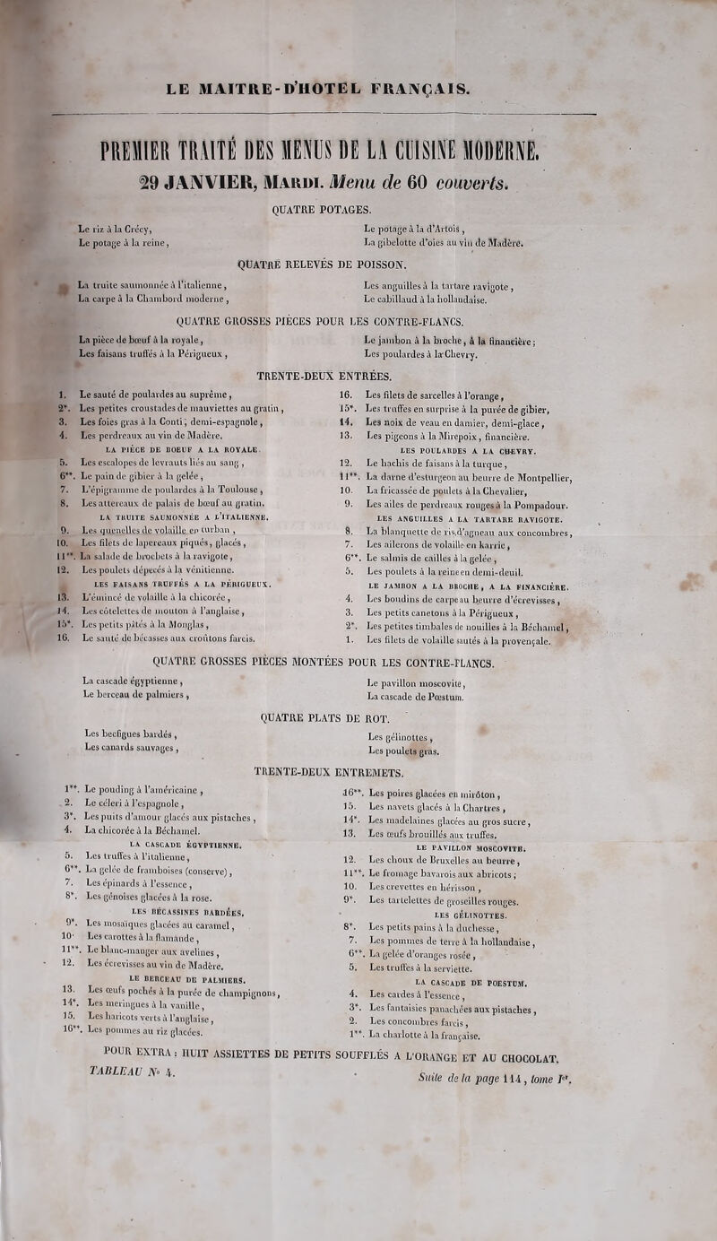 PREMIER TRAITÉ DES MENUS DE LA CUISINE MODERNE. 29 JANVIER, Mardi. Menu de 60 couverts. QUATRE POTAGES. Le potage à la d’Artois, La gibelotte d’oies au vin de Madère. QUATRE RELEVÉS DE POISSON. La truite saumonnée à 1 italienne, Les anguilles A la tartarè ravigote , La carpe à la Chambord moderne , Le cabillaud à la hollandaise. QUATRE GROSSES PIÈCES POUR LES CONTRE-FLANCS. La pièce de bœuf à la royale, Le jambon à la broche, à la financière ; Les faisans truffés à la Périgueux , Les poulardes A la'Chevry. TRENTE-DEUX ENTREES. 1. Le sauté de poulardes au suprême, 16. Les filets de sarcelles A l’orange, 2*. Les petites croustades de mauviettes au gratin , 15*. Les truffes en surprise A la purée de gibier. 3. Les foies gras A la Conti ; demi-espagnole, 11. Le9 noix de veau en damier, demi-glace, 4. Les perdreaux au vin de Madère. 13. Les pigeons A la Mirepoix, financière. LA PIÈCE DE BOEUF A LA ROYALE LES POULARDES A LA ÇÏLEYRY. 5. Les escalopes de levrauts liés au sang , 12. Le hachis de faisans A la turque , 6**. Le pain de gibier A la gelée , 11** La darne d’esturgeon au beurre de Montpellier, 7. L’épigramme de poulardes A la Toulouse , 10. La fricassée de poulets A la Chevalier, 8. Lesattereaux de palais de bœuf au gratin. 9. Les ailes de perdreaux rouges A la Pompadour. LA TRUITE SAUMONNÉE A ^ITALIENNE. LES ANGUILLES A LA TARTARE RAVIGOTE. 9. Les quenelles de volaille en turban , 8. La blanquette de ris,d’agneau aux concombres, 10. Les filets de lapereaux piqués, glacés , 7. Les ailerons de volaille en karric, 114*. La salade de brochets A la ravigote, 6**. Le salmis de cailles à la gelée , 12. Les poulets dépecés A la vénitienne. 5. Les poulets à la reine en demi-deuil. LES FAISANS TRUFFES A LA PÉRIGUEUX. LE JAMBON A LA BROCHE, A LA FINANCIERE. 13. L’émincé de volaille A la chicorée , 4. Les boudins de carpeau beurre d’écrevisses, 14. Les côtelettes de mouton A l’anglaise , 3. Les petits canetons A la Périgueux , 15*. Les petits pâtés A la Monglas, 2*. Les petites timbales de nouilles A la Béchamel, IG. Le sauté de bécasses aux croûtons farcis. 1. Les filets de volaille sautés A la provençale. QUATRE GROSSES PIÈCES MONTÉES POUR LES CONTRE-FLANCS. La cascade égyptienne , Le pavillon moscovite, Le berceau de palmiers , La cascade de Pæstum. Le riz A la Crécy, Le potage A la reine, Les beefigues bardés, Les canards sauvages, QUATRE PLATS DE ROT. Les gelinottes, Les poulets gras. TRENTE-DEUX ENTREMETS. U*. Le pouding A l’américaine , 2. Le céleri A l’espagnole , 3*. Les puits d’amour glacés aux pistaches , 4. La chicorée A la Béchamel. LA. CASCA.DE ÉGYPTIENNE. 5. Les truffes à l’italienne, 6**. La gelée de framboises (conserve), 7. Les épinards A l’essence, 8*. Les génoises glacées à la rose. LES BÉCASSINES DARDEES. 9*. Les mosaïques glacées au caramel, 10‘ Les carottes A la flamande , 11**. Le blanc-manger aux avelines , 12. Les écrevisses au vin de Madère. LE BERCEAU DE PALMIERS. 13. Les œufs pochés A la purée de champignons, 14*. Les meringues A la vanille, 15. Les haricots verts A l’anglaise , 16**. Les pommes au riz glacées. POUR EXTRA : HUIT ASSIETTES DE 16**. Les poires glacées en mirôton , 15. Les navets glacés A la Chartres , 14*. Les madelaines glacées au gros sucre, 13. Les œufs brouillés aux truffes. LE PAVILLON MOSCOVITE. 12. Les choux de Bruxelles au beurre, 11**. Le fromage bavarois aux abricots ; 10. Les crevettes en hérisson , 9*. Les tartelettes de groseilles rouges. LES GELINOTTES. 8*. Les petits pains A la duchesse, 7. Les pommes de terre A la hollandaise, G**. La gelée d’oranges rosée , 5. Les truffes A la serviette. LA CASCADE DE POESTÜM. 4. Les cardes A l’essence , 3*. Les fantaisies panachées aux pistaches , 2. Les concombres farcis, 1**. La charlotte A la française. SOUFFLÉS A L'ORANGE ET AU CHOCOLAT. TABLEAU N- 4. Suite de la page 1H, tome T'.