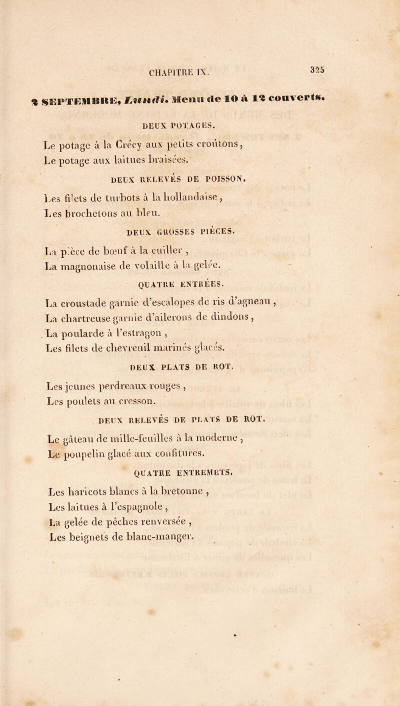 % SEPTEMBRE* ¥a€m1$* Menti «le lO à 1*5 couverts. DEUX POTAGES. Le potage à la Crécy aux petits croûtons, Le potage aux laitues braisées. DEUX RELEVÉS DE POISSON. Les filets de turbots cà la hollandaise, Les brochetons au bleu. DEUX GROSSES PIECES. La pièce de bœuf à la cuiller , La magnonaise de volaille à la gelee. QUATRE ENTRÉES. La croustade garnie d’escalopes de ris d’agneau, La chartreuse garnie d’ailerons de dindons , La poularde à l’estragon , Les filets de chevreuil marines glacés. DEUX PLATS DE ROT. Les jeunes perdreaux rouges , Les poulets au cresson. DEUX RELEVÉS DE PLATS DE ROT. Le gâteau de mille-feuilles à la moderne > Le poupelin glacé aux confitures. QUATRE ENTREMETS, Les haricots blancs à la bretonne ? Les laitues à l’espagnole , La gelée de pêches renversée , Les beignets de blanc-manger.