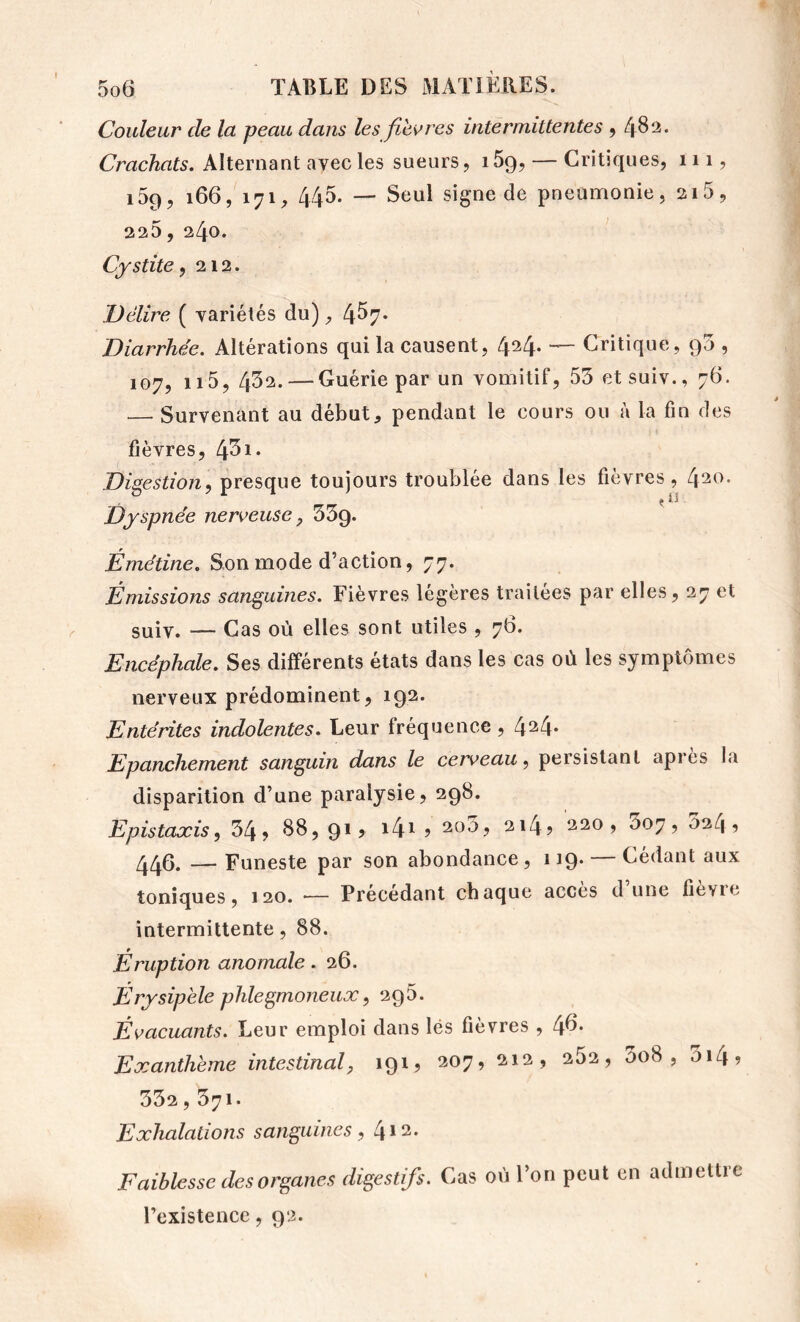 Couleur de la peau dans les fievres intermittentes y 4^''^* Crachats. Alternant avec les sueurs, iSg, — Critiques, 111, iSg, 166, 171, 445. —' Seul signe de pneumonie, ai5, 225, 240. Cystite^ 212. Délire ( variétés du), 4^7* Diarrhée. Altérations qui la causent, 424. — Critique, gS , 107, 115, 432. — Guérie par un vomitif, 53 et suiv., 76. — Survenant au début, pendant le cours ou à la fin des fièvres, Digestion^ presque toujours troublée dans les fièvres, l[20. Dyspnée nerveuse y 33g. Émétine. Son mode d’action, 77. Émissions sanguines. Fièvres legeres traitées par elles, 27 et suiv. — Cas où elles sont utiles , 76. Encéphale. Ses différents états dans les cas où les symptômes nerveux prédominent, ig2. Entérites indolentes. Leur fréquence, 424. Epanchement sanguin dans le cerveau ^ persistant apres la disparition d’une paralysie, 2g8. Epistaxis y 34? S8,gi, i4i? 200, 214? 220, 3o7, 024? —Funeste par son abondance, 11g. — Cédant aux toniques, 120. •— Précédant chaque accès d une fievie intermittente, 88. Éruption anomale. 26. Érysipèle pillegmoneux y 2g 5. Évacuants. Leur emploi dans lés fièvres , 4^* Exanthème intestinaly igi, 207, 212, 252, 5o8 , 314? 332,371. Exhalations sanguines, 412. Faiblesse des organes digestifs. Cas où l’on peut en admettre l’existence, g2.