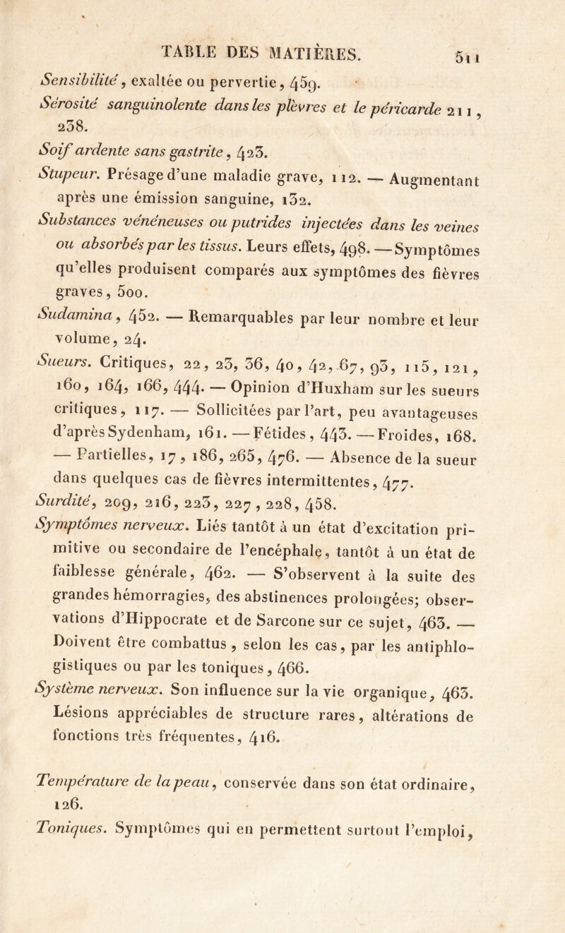 Sensibilité, exaltée ou pervertie, 4^9* Sérosité scin^iiinolente dans les pleures et le périccLvde 211 258. Soif ardente sans gastrite, 425. Stupeur. Présage d’une maladie grave, 112. — Augmentant après une émission sanguine, i52. Substances vénéneuses ou putrides injectées dans les veines ou absorbés par les tissus. Leurs effets, 498, —Symptômes qu’elles produisent comparés aux symptômes des fièvres graves, 5oo. Sudamina, 452. — Remarquables par leur nombre et leur volume, 24. Sueurs. Critiques, 22, 25, 56, 40, 42? 67, g5, ii5, 121, 160, 164, 166, 444. — Opinion d’Huxham sur les sueurs critiques, 117. — Sollicitées par l’art, peu avantageuses d’après Sydenham, 161.—Fétides, 445.—Froides, 168. Partielles, 17, 186, 265, 47^* — Absence de la sueur dans quelques cas de fièvres intermittentes, 477. Surdité, 209, 216, 225, 227 , 228, 458. Symptômes nerveux. Liés tantôt à un état d’excitation pri- mitive ou secondaire de l’encéphale, tantôt à un état de faiblesse générale, 462. — S’observent à la suite des grandes hémorragies, des abstinences prolongées; obser- vations d’Hippocrate et de Sarcone sur ce sujet , 465. Doivent être combattus, selon les cas, par les antiphlo- gistiques ou par les toniques, 466. Système nerveux. Son influence sur la vie organique, 465. Lésions appréciables de structure rares, altérations de fonctions très fréquentes, 4*6. Température de la peau, conservée dans son état ordinaire, 126. Toniques. Symptômes qui en permettent surtout l’emploi,