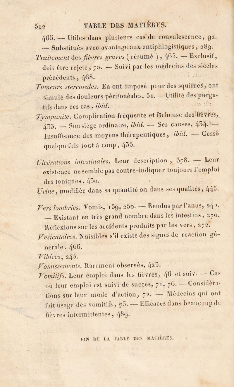 4GG. — Utiles clans plusieurs cas de convalescence, 92. >— Substitués avec avantage aux antiphlogistiques, 289. Traitement Jievres graves ( résumé ), 4^5. Exclusif, doit être rejeté, 70. — Suivi par les médecins des siècles précédents, 468* ‘ ' Tumeurs stercorales. En ont imposé pour des squirres, ont simulé des douleurs péritonéales, 5i. —Utilité des purga- tifs dans CCS cas , ihid. ' ' • ^ Tympanite. Complication fréquente et fâcheuse desTrèV-fes,^ ^35, — Son siège ordinaire, ihid. — Ses causes, 454**‘'^— Insuffisance des moyens thérapeutiques, ihid. Cessé cjuelquefois tout à coup, l\o^. Ulcérations intestinales. Leur description, 378. — Leur existence ne semble pas contre-indiquer toujours l’emploi des toniques, 4^0* ' Urine^ modifiée dans sa c[uantitéou dans ses qualités, 44^- Fers lombrics. Vomis, 159, 25o. — Rendus par l’anus, 242. Existant en très grand nombre dans les intestins , 270. Réflexions sur les accidents produits par les vers , 272. Vésicatoires. Nuisibles s’il existe des signes de réaction gé- nérale , 4^6* - Vihices^ 245. p^omisscments. Rarement observés, lyio. Vomitifs. Leur emploi dans les fièvres, 4^ et suiv. — Cas où leur emploi est suivi de succès, 71, 7C). —Considéra- tions sur leur mode d’action, 72. — IMédecins qui ont fut usage des vomitifs, 75. — Efficaces dans beaucoup de fièvres intermittentes, 489* eiN ne lv table des matièbfs.