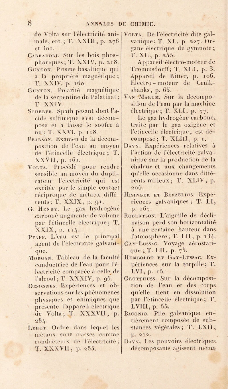 de Volta sur l’électricité ani- maie, etc.; T. XXIII, p. 276 et 3()i. Carradouj. Sur les bois pbos- plîoriques; T. XXIV, p. 218. Güyton. Prisme basaltique qui a la propriété magnétique ; T. XXIV, p. 160. Guyton. Polarité magnétique de la serpentine du Palalinal ; T. XXIV. ScHERER. Spath pesant dont l’a- cide sulfurique ç’est décom- posé et a laissé le soufre à nu ; T. XXVI, p. 118. Pearson. Examen de la décom- position de l’eau au moyen de l’etincelle électrique ; T. XXVII, p. 161. Volt A. Procédé pour rendre sensible au moyen du diqali- caieur l’électricité qui est excitée par le simple contact réciprotjue de métaux diffé- rents; T. XXIX, p. 91. G. Henrau Le gaz hydrogéné carboné augmente de volume par l’étincelle électrique; T. XXIX, p. 114.. Pfaef. L’eau est le principal agent de l’electricité galvani- que. Morgaix. Tableau de la faculté conductrice de l’eau pour l’é- lectricité comparée à celle^de l’alcool; T. XXXIV, p. 96. Desonnes. Expériences et ob- servations sur les phénomènes physKjues et chimiques que présente l’appareil électrique de Volta; T. XXXVII, p. 284- Lehot. Ordre dans lequel les métaux sont classés comme conducteurs de l'électricité; T. XXKVÜ, p. 285. Volta. De l’électricité dite gal- vanique; T. XL, p. 227. Or- gane électrique du gymnote; T. XL, p. 255. Appareil électro-moteur de Trommsdorff; T. XLI, p. 3. Appareil de Ritter, p. 106. Electro - moteur de Cruik- shanks, p. 65. Van Marum. Sur la décompo- sition de l’eau par la machine électrique; T. XLI, p. 77. Le gaz hydrogène caiboné, traité par le gaz oxigène et l’étincelle électrique, est dé- composé; T. XLIil, p. I. Davy. Expériences relatives à l’action de l’électricité galva- nique sur la production de la chaleur et aux changements qu’elle occasionne dans diffé- rents milieux; T. XLIV, p. 206. Hisinger et Berzeliüs. Expé- riences galvaniques ; T. LI,, p. 167. Robertson. L’aiguille de décli- naison perd son horizontalité à une certaine hauteur dans l’atmosphère; T. LU, p. i34- Gay-Lussac. Voyage aérostati- que ;^T. LU, p. 75. Humboldt et Gay-Lussag. Ex- périences sur la torpille; T. LVI, p. i5. Grotthuss. Sur la décomposi- tion de l’eau et des corps tju’elle tient en dissolution par l’étincelle électrique; T. LVIII,p. 55. Baconto. Pile galvanique en- tièrement composée de sub- stances végétales; T. LXII, p. 212. Davy. Les pouvoirs électriques, décomposants agissent méiiKe