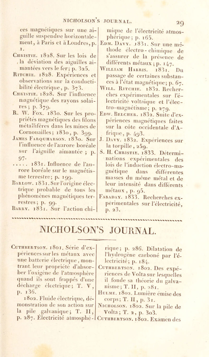 CCS magnétiques sur une ai- guille suspendue horizontale- ment, à Paris et àLoudres,p. I. Christie. iS-iS. Sur les lois de Ja déviation des aiguilles ai- mantées vers le fer; p. 325, Ritchie. 1828. Expériences et observations sur la conducti- bilité électrique, p. 373. Christie. 1828. Sur l’influence magnétique des rayons solai- res;p. 379. R. W. Fox. i83o. Sur les pro- priétés magnétiques des filons métallifères dans les mines de Cornouailles; i83o, p. 399. James Farquharson. i83o. Sur l’influence de l’aurore boréale sur l’aiguille aimantée ; p. 97- i83i. Influence de l’au- rore boréale sur le maHnétis- O me terrestre; p. 199. Barlow. 1831. Sur l’origine élec- trique probable de tous les phénomènes magnétiques ter- restres ; p. 99. Bakrat. i83i. vSur l’action ehi- miipie de l’électricité atmos- phérique; p. i65. Edm. Davy. j83i. Sur une mé- thode èlectro - chimique de s assurer de la présence de différents métaux ; p. 147. William Harris. i83i. Du passage de certaines substan- ces à l’état magnétique; p. 67. WiLL. Ritchie. i832. Recher- ches ex|)érimentales sur l’é- lectricité voltaïque et l’élec- tro-magnétisme; p. 279. Edv\ Belcher. i832. Suite d’ex- périences magnétiques faites sur la cote occidentale d’A- frique, p. 493. J. Davy. i832. Expériences sur la torpille, 259. S. H. Christie. i833. Détermi- nations expérimentales des lois de l’induction électro-ma- gnétique dans différentes masses du meme métal et de leur intensité dans différents métaux , p. pS. Faraday. i833. Recherclies ex- périmentales sur l’électricité, p. 23. NICHOLSON’S JOURNAL. CuTHBERTsoN. i8oi. Série d’ex- périences sur les métaux avec une batterie électrique , mon- trant leur propriété d’absor- ber l’oxigène de ratmosjihère quand ils sont frappés d’une décharge électrique; T. V, p. i36. 1802. Fluide électrique, dé- monstration de son action sur la pile galvanique; T. II, p. 287. Electricité atmosphe- fique; p. 286. Dilatation de l’hydrogène carboné par l’é- lectricité; p. 184. CuTHBERTSOx. i8o2. Dcs expé- riences de Voltasur lesquelles il fond e sa théorie du galva- nisme; T. II, p. 281. Hulme. 1802. Lumière émise des corps; T. II, p. 3i. Niciiolson. 1802. Sur la pile de Volta; T. 2, p. 3o3. CiJTUBERTsoN. i8o2. Examcn des