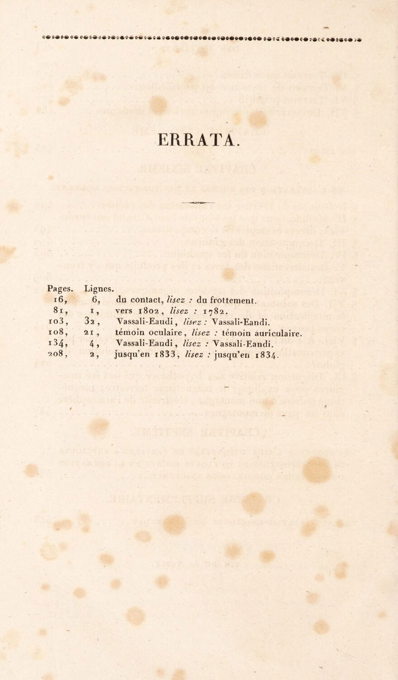 «® ERRATA. Pages. Lignes, » i6, 6, du contact, /îsez : du frottement. 8i, I, vers i8o2, lisez : 1782. io3, 32 , Vassali-Eaudi, lisez: Vassali-Eandi. io8, 21 , témoin oculaire, lisez : témoin auriculaire. i34, 4, Vassali-Eaudi, lisez : Vassali-Eandi. îto8 f 2, jusqu’en i833, /zVc^: ; jusqu’en i834. ( ï' -'M