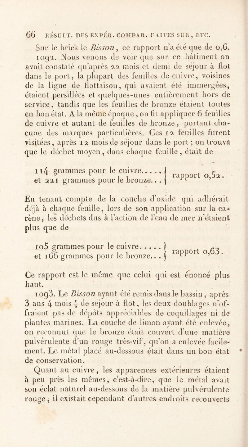 Sur le brick le Bisson, ce rapport n’a été que de o,6. 1092. Nous venons de voir que sur ce bâtiment on avait constaté qu’après 22 mois et demi de séjour à flot dans le port, la plupart des feuilles de cuivre, voisines de la ligne de flottaison, qui avaient été immergées, étaient persillées et quelques-unes entièrement hors de service, tandis que les feuilles de bronze étaient toutes en bon état. À la même époque , on fit appliquer 6 feuilles de cuivre et autant de feuilles de bronze, portant cha- cune des marques particulières. Ces 12 feuilles furent visitées, après 12 mois de séjour dans le port; on trouva que le déchet moyen, dans chaque feuille, était de 114 grammes pour le cuivre.. . . . et 221 grammes pour le bronze.. . rapport 0,52. En tenant compte de la couche d’oxide qui adhérait déjà à chaque feuille, lors de son application sur la ca- rène, les déchets dus à faction de beau de mer n’étaient plus que de io5 grammes pour le cuivre. . . . . et 166 grammes pour le bronze.. . rapport o,63. Ce rapport est le même que celui qui est énoncé plus haut. i og3. Le Bisson ayant été remis dans le bassin , après 3 ans 4 mois ~ de séjour à flot, les deux doublages n’of- fraient pas de dépôts appréciables de coquillages ni de plantes marines. La couche de limon ayant été enlevée, on reconnut que le bronze était couvert d’une matière pulvérulente d’un rouge très-vif, qu’on a enlevée facile- ment. Le métal placé au-dessous était dans un bon état de conservation. Quant au cuivre, les apparences extérieures étaient à peu près les mêmes, c’est-à-dire, que le métal avait son éclat naturel au-dessous de la matière pulvérulente rouge, il existait cependant d’autres endroits recouverts