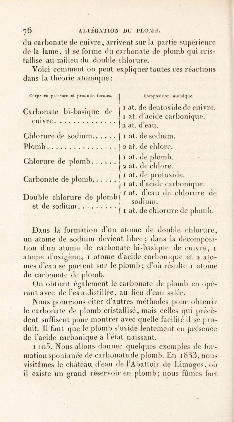 y du carbonate de cuivre, arrivent sur la partie supérieure de la lame, il se forme du carbonate de plomb qui cris- tallise au milieu du double chlorure. Voici comment on peut expliquer toutes ces réactions dans la théorie atomique: Corps en présence ot produits formés. Carbonate bi-basique de cuivre Chlorure de sodium Plomb Composition atomique. i at. de deutoxide de cuivre. 1 at. d’acide carbonique. 2 at. d’eau. I i at. de sodium. | 2 at. de chlore. Chlorure de plomb. Carbonate de plomb Double chlorure de plomb et de sodium ( i at. de plomb, j 2 at. de chlore. | i at. de protoxide. j i at. d’acide carbonique. / i at. çl’eau de chlorure de ! sodium. [ i at. de chlorure de plomb. Dans la formation d’un atome de double chlorure, un atome de sodium devient libre ; dans la décomposi- tion d’un atome de carbonate bi-basique de cuivre, î atome d’oxigène, i atome d’acide carbonique et 2 ato- mes d’eau se portent sur le plomb; d’où résulte 1 atome de carbonate de plomb. On obtient également le carbonate de plomb en opé- rant avec de l’eau distillée, au lieu d’eau salée. Nous pourrions citer d’autres méthodes pour obtenir le carbonate de plomb cristallisé, mais celles qui précè- dent suffisent pour montrer avec quelle facilité il se pro- duit. Il faut que le plomb s’oxide lentement en présence de l’acide carbonique à l’état naissant. 1 io5. Nous allons donner quelques exemples de for- mation spontanée de carbonate de plomb. En 1 833, nous visitâmes le château d’eau de l’Abattoir de Limoges, où il existe un grand réservoir en plomb; nous fûmes fort