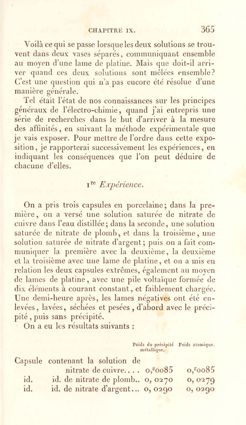 Voilà ce qui se passe lorsque les deux solutions se trou- vent dans deux vases séparés, communiquant ensemble au moyen d’une lame de platine. Mais que doit-il arri- ver quand ces deux solutions sont mélées ensemble? C’est une question qui n’a pas encore été résolue d’une manière générale. Tel était l’état de nos connaissances sur les principes généraux de l’électro-chimie j quand j’ai entrepris une série de recherches dans le but d’arriver à la mesure des affinités, en suivant la méthode expérimentale que je vais exposer. Pour mettre de l’ordre dans cette expo- sition, je rapporterai successivement les expériences, en indiquant les conséquences que l’on peut déduire de chacune d’elles. Expérience. On a pris trois capsules en porcelaine; dans la pre- mière , on a versé une solution saturée de nitrate de cuivre dans l’eau distillée; dans la seconde, une solution saturée de nitrate de plomb, et dans la troisième, une solution saturée de nitrate d’argent; puis on a fait com- muniquer la première avec la deuxième, la deuxième et la troisième avec une lame de platine, et on a mis en relation les deux capsules extrêmes, également au moyen de lames de platine, avec une pile voltaïque formée de dix éléments à courant constant, et faiblement chargée. Une demi-heure après, les lames négatives ont été en- levées, lavées, séchées et pesées , d’abord avec le préci- pité , puis sans précipité. On a eu les résultats suivants : Capsule id. id. Poids du précipité Poids atomique, métallique. contenant la solution de nitrate de cuivre.. . . o,“Oo85 o,oo85 id. de nitrate de plomb., o, o^yo o, 02*79 id. de nitrate d’argent... o, 0290 o, 0290