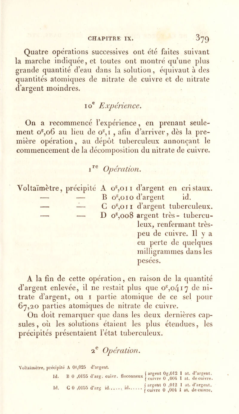 Quatre opérations successives ont été faites suivant la marche indiquée, et toutes ont montré qu’une plus grande quantité d’eau dans la solution, équivaut à des quantités atomiques de nitrate de cuivre et de nitrate d’argent moindres. 10® Expérience. On a recommencé l’expérience, en prenant seule- ment o®,o6 au lieu de 0^,1 , afin d’arriver, dès la pre- mière opération, au dépôt tuberculeux annonçant le commencement de la décomposition du nitrate de cuivre. Opération. Voltaïmètre, précipité A — — B — — G — — D 0^,011 d’argent en cristaux. 0^,010 d’argent id. 0^,011 d’argent tuberculeux. O®,008 argent très- tubercu- leux, renfermant très- peu de cuivre. Il y a eu perte de quelques milligrammes dans les pesées. A la fin de cette opération, en raison de la quantité d’argent enlevée, il ne restait plus que 0^,0417 de ni- trate d’argent, ou i partie atomique de ce sel pour 67,20 parties atomiques de nitrate de cuivre. On doit remarquer que dans les deux dernières cap- sules, ou les solutions étaient les plus étendues, les précipités présentaient l’état tuberculeux. 2^ Opération. Voltaïmètre, précipité A Os,025 d’argent. Id. B 0 ,0155 d'arg. cuivr. Id. CO ,0155 d’arg id.,.. floconneux I itJ ( argent 0g,0I2 I at. d’argent. ( cuivre 0 ,004 I al. de cuivre. j argent 0 ,012 I at. d’argent. I cuivre 0 ,004 I at, de cuivre.