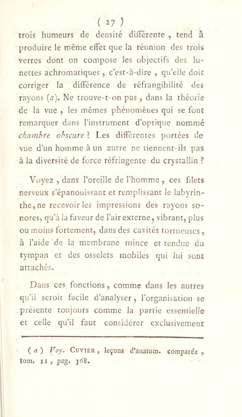 » trois humeurs de densité différente , tend â produire le même effet que la réunion des trois verres dont on compose les objectifs des Îü“ nettes achromatiques, c’est-à-dire , qu’elle doit: corriger la différence de réfrangibilité des rayons (j). Ne trouve-1-on pas, dans la théorie de la vue , les mêmes phénomènes qui se font remarquer dans l’instrument d’optique nommé chambre obscure ? Les différentes portées de vue d’un homme à un autre ne tiennent-ils pas à la diversité de force réfringente du crystallin ? Voyez , dans l’oreille de l’homme 5 ces fdets nerveux s’épanouissant et remplissant le labyrin- thcjne recevoir les impressions des rayons so- nores, qu’à la faveur de l’air externe, vibrant, plus ou moins fortement, dans des cavités tortueuses^ à l’aide de la membrane mince et tendue du tympan et des osselets mobiles qui lui sont attachés. Dans ces fonctions, comme dans les autres qu’ii seroit facile d’analyser, l’organisation se .présente toujours comme la partie essentielle et celle qu’il faut considérer exclusivement ( ) Voy, Cuvier , leçons d’anatom. comparée ^ tom. ï I ^ pag. 368.