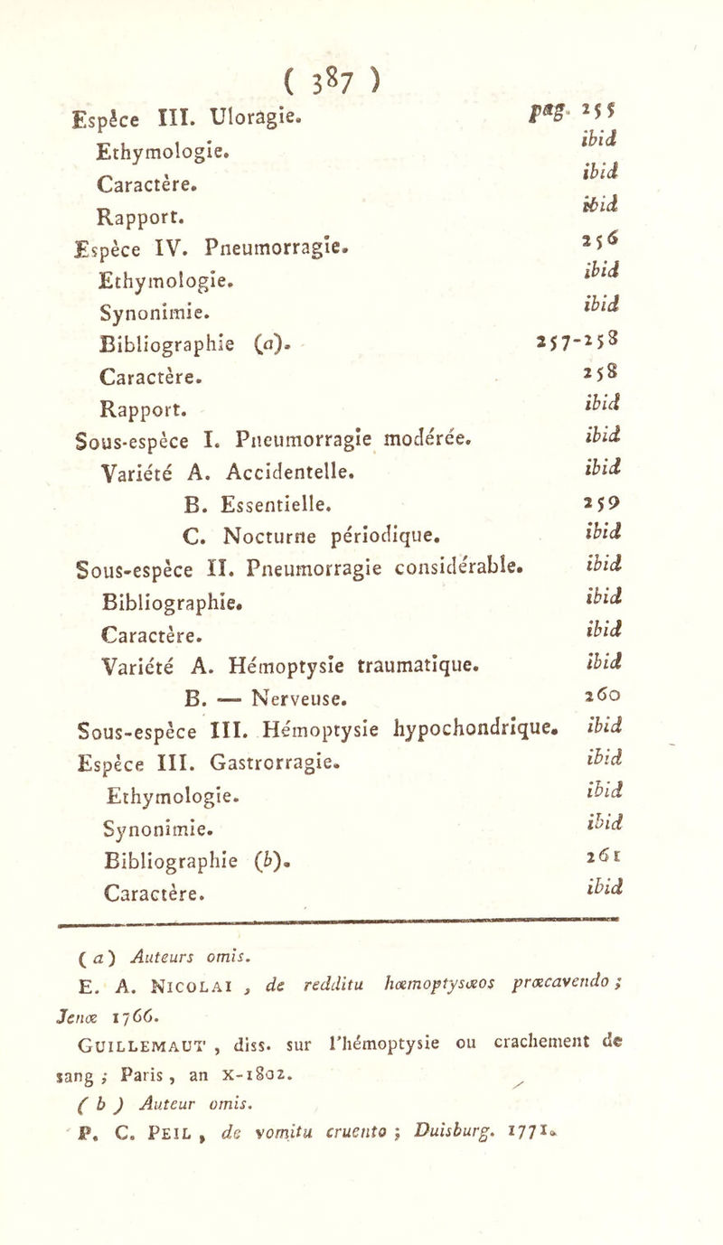 Espèce ÏII. Uîorâgie. Ethymologle. Caractère. Rapport. Espèce IV. Pneumorragîe. Ethymologle, Synonimie. Bibliographie (a). 2 $7 Caractère. Rapport. Sous-espèce L Pneumorragîe modérée. Variété A. Accidentelle. B. Essentielle. C. Nocturne périodique. Sous-espèce ÏI. Pneumorragie considérable# Bibliographie# Caractère. Variété A. Hémoptysie traumatique. B. — N erveuse. Sous-espèce III. Hémoptysie hypochondrique# Espèce III. Gastrorragie. Ethymologie. Synonimie. Bibliographie (!&gt;)« Caractère. 25f ibid ihid sàid 25&lt;S ihid ibid 258 258 ibid ibid ihid 259 ibid ibid ibid ibid ibid zCo ibid ihid ihid ihid 261 ihid (a) Auteurs omis. E. A. Nicolai , de redditu îicemoptysœos prxcavendo ; Jeux 1766. Guillemaut , dhs. sur l’hémoptysie ou crachement de sang,* Paris, an x-1802. (h) Auteur omis. P, C. Peil , de vomitu cruento j Duisburg. 177