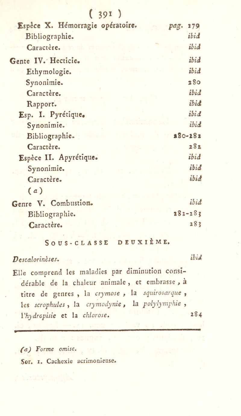 Espèce X. Hémorragie opératoire» pa^, î79 Bibliographie. ihiâ Caractère. ihld Genre IV.' Hecticîe. ihiâ Ethymologie. ihiâ Synonîmie. î8o Caractère. ihiâ Rapport. ihiâ Esp. î. Pyrétique# ihld Synonîmie. ihiâ Bibliographie. aSo-i8* Caractère. 282. Espèce II. Apyrétique* ihiâ Synonimie. ihiâ Caractère. ihiâ (a) Genre V. Combustion. ihld Bibliographie. 282-281 Caractère. 281 SoUS-CLASSE DEUXIÈME, Descalorinèses, ihld Elle comprend les maladies par diminution consi- dérable de la chaleur animale , et embrasse , à titre de genres , la crymose , la squirosarque , les scrophules , la crymodynie, la polylymphie , Vhydrcpisie et la chlorose. 284 (a) Forme omise, Sor. I. Cachexie acrimonieuse.
