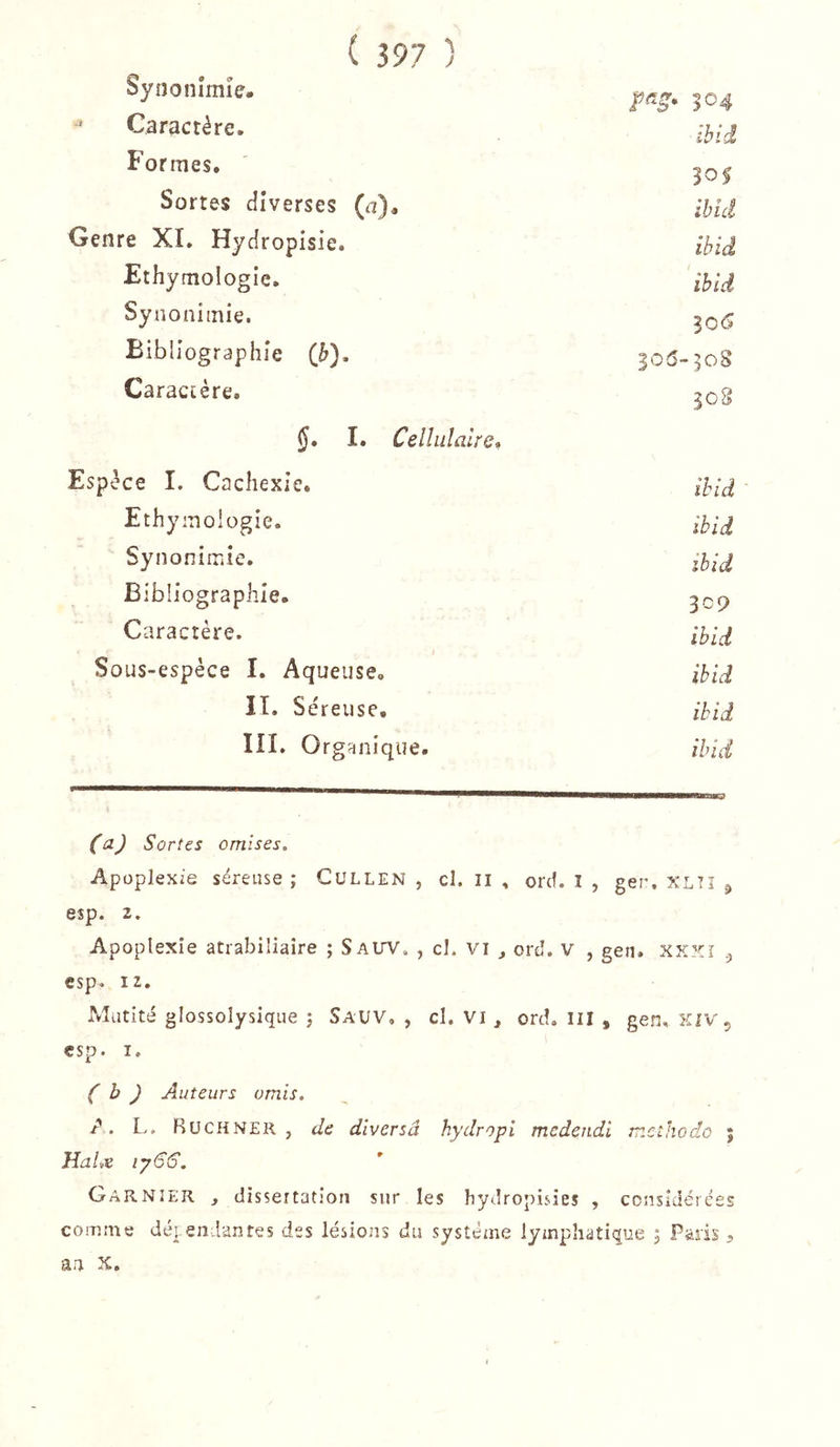 Synonimîe. 504 Caractère. Formes. Sortes diverses (n). ihU Genre XI. Hydropisie. Ethymologie. ihid Synonimîe. Bibliogrcîphîe (b). 306-508 Caractère. ^08 §» I. Cellulaire» Espèce I. Cachexie. Ethymologie. ihid Synonimîe. ,7,/^ Bibliographie. Caractère. ihid Sous-espèce I. Aqueuse. ihid II. S éreuse. ihid III. Organique. ihid (^) Sortes omises. Apoplexie séreuse; Cullen , cl. ii , ord. î , ger. xltî j esp. 2. Apoplexie atrabiliaîre ; Saltv. , cl. vi , ord. V , gen. xkya ^ esp. 12. aMutité glossolysique ; Sauv, , cl. VI , ord. III , gen, KîV ^ esp. I. Cb; Auteurs omis. ?. L. RüCHNER , de diversâ hydropi mcdendi msthodo ; Halov iy66. Garnier , dissertation sur les hydropisîes , considérées comme dépendantes des lésions du système lymphatique ; Paris , an X.