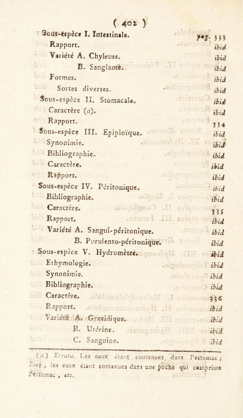 3ous*étp^cc I* Tntcstinslfi* • Rapport. • iiig Variété A. Chyleuse. B. Sangîaîitè.- Formes. Sortes diverses. * Sous^especc IX« Stoiîîâcsî®:» ihi^ Caractère {d),. Rapport. ^ous-espèce lïî. Epiploïque. Synonimie. v Bibliographie. Caractère. ' Rapport. ^ Sous-espèce IV. Pèritooique. ’ did Bibliographie. • Caractère. ■ / ■ Rapport. - Variété A. Sanguî-pérltonique. îhid B. Purulento-péritonique. ihid Sous-espèce V. Hydromètré. ' Erhymologie. . ^ Synonimie. , Bibliographie. Caractère. Rapport. Vanét'é ’A, Gravidique- ihîd B. Utérine. itid C. Sanguine. (&lt;a) hrraîa. Les eauK ctanî contenues dans restomac j s, les eauK étant contenues dans une poche qui esmprirnt l*'€-;tcniac i