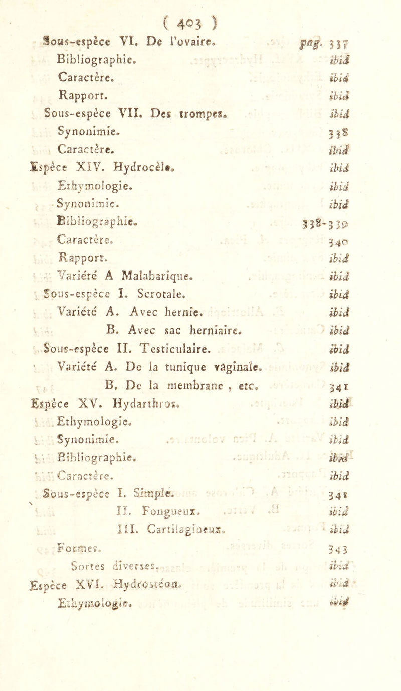 ( 40? ) Soas-espèce VI, De Tovaire» 5 1 r Bibliographie, ihiâ Caractère. ihlé Rapporr. ibié Sous-espèce VII. Des trompes^ îhid Synonlmie, 3 3^ Caractère. ihiâ ïspèce XIV. Hydrocèîi, llnà Ethymologie. ihid Synonlmie. ihiê Bibliographie» '119 Caractère. Rapport. ihiâ Variété A Malabarlque. ihiâ Sous-espèce I. Scrotale. ihiâ Variété A. Avec hernie. ihiâ B. Avec sac herniaire. ihid Sous-espèce II. Testiculaire. ihid Variété A. De la tunique vaginale. ihid B, De la membrane , etc. 341 Espèce XV. Hydarthros. ihid Ethymologîe. ihiâ Synonlmie. . . . ihid Bibliographie, - - ihid ' ■ '■ Caractère. ihid Sous-espèce î. Simple. 34* IL Fongueux. - . . ihid 111. Cartliagiaeus. hbU Formes. 345 Sortes diverses. ilnd Espèce XVL Hydfôsîéoa, Un à Etiiy lîiOiO^is, Hiié