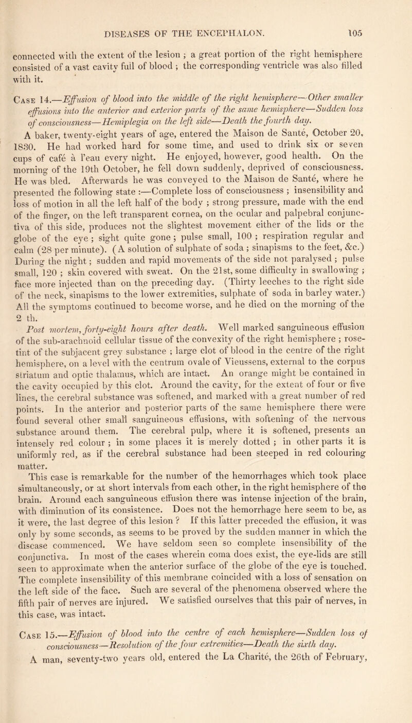 connected with the extent of the lesion ; a great portion of the right hemisphere consisted of a vast cavity full of blood ; the corresponding ventricle was also filled with it. Çase 14.—Effusion of blood into the middle of the right hemisphere—Other smaller effusions into the anterior and exterior parts of the same hemisphere—Sudden loss of consciousness—Hemiplegia on the left side—Death the fourth day, A baker, twenty-eight years of age, entered the Maison de Santé, October 20, 1830. He had w'orked hard for some time, and used to drink six or seven cups of café à l’eau every night. He enjoyed, how^ever, good health. On the morning of the 19th October, he fell down suddenly, deprived of consciousness. He was bled. Afterwards he was conveyed to the Maison de Santé, where he presented the following state :—Complete loss of consciousness ; insensibility and loss of motion in all the left half of the body ; strong pressure, made with the end of the finger, on the left transparent cornea, on the ocular and palpebral conjunc- tiva of this side, produces not the slightest movement either of the lids or the globe of the eye ; sight quite gone ; pulse small, 100 ; respiration regular and calm (28 per minute). (A solution of sulphate of soda ; sinapisms to the feet, &c.) During the night ; sudden and rapid movements of the side not paralysed ; pulse small,'l20 ; skin covered with sw^eat. On the 21st, some difficulty in sw'allowing ; face more injected than on the preceding day. (Thirty leeches to the right side of the neck, sinapisms to the lower extremities, sulphate of soda in barley wMer.) All the symptoms continued to become worse, and he died on the morning of the 2 th. Post mortem, forty-eight hours after death. Well marked sanguineous effusion of the sub-arachnoid cellular tissue of the convexity of the right hemisphere ; rose- tint of the subjacent grey substance ; large clot of blood in the centre of the right hemisphere, on a level with the centrum ovale of Vieussens, external to the corpus striatum and optic thalamus, which are intact. An orange might be contained in the cavity occupied by this clot. Around the cavity, for the extent of four or five lines, the cerebral substance was softened, and marked with a great number of red points. In the anterior and posterior parts of the same hemisphere there wmre found several other small sanguineous effusions, wdth softening of the nervous substance around them. The cerebral pulp, where it is softened, presents an intensely red colour ; in some places it is merely dotted ; in other parts it is uniformly red, as if the cerebral substance had been steeped in red colouring matter. This case is remarkable for the number of the hemorrhages which took place simultaneously, or at short intervals from each other, in the right hemisphere of the brain. Around each sanguineous etfusion there was intense injection of the brain, with diminution of its consistence. Does not the hemorrhage here seem to be, as it wmre, the last degree of this lesion ? If this latter preceded the effusion, it was only by some seconds, as seems to be proved by the sudden manner in which the disease commenced. We have seldom seen so complete insensibility of the conjunctiva. In most of the cases wherein coma does exist, the eye-lids are still seen to approximate when the anterior surface of the globe of the eye is touched. The complete insensibility of this membrane coincided with a loss of sensation on the left side of the face. Such are several of the phenomena observed where the fifth pair of nerves are injured. We satisfied ourselves that this pair of nerves, in this case, was intact. Case 15. Effusion of blood into the centre of each hemisphere—Sudden loss oj consciousness—Resolution of the four extremities—Death the sixth day. A man, seventy-two years old, entered the La Charité, the 26th of February,