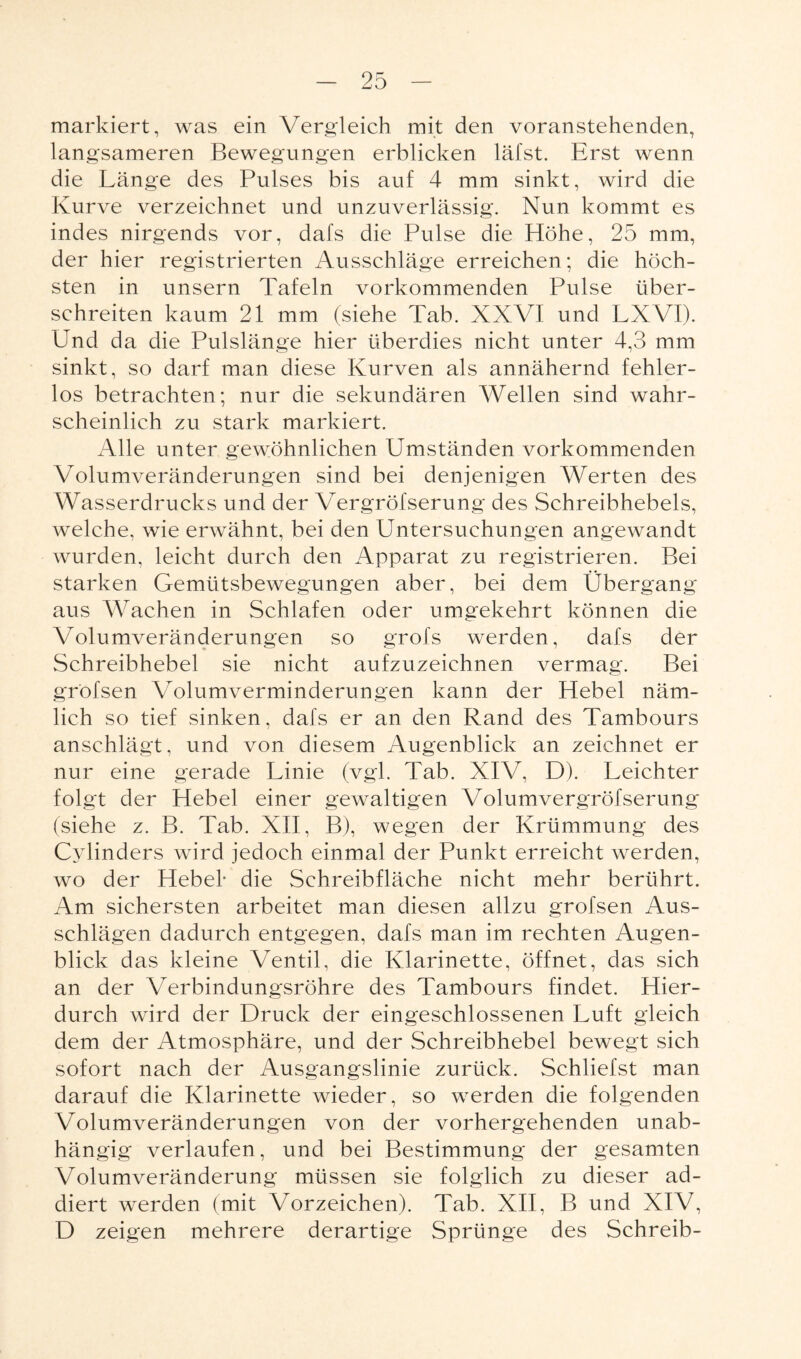 markiert, was ein Vergleich mit den voranstehenden, langsameren Bewegungen erblicken läfst. Erst wenn die Länge des Pulses bis auf 4 mm sinkt, wird die Kurve verzeichnet und unzuverlässig. Nun kommt es indes nirgends vor, dafs die Pulse die Plöhe, 25 mm, der hier registrierten Ausschläge erreichen; die höch¬ sten in unsern Tafeln vorkommenden Pulse über¬ schreiten kaum 21 mm (siehe Tab. XXVI und LXVI). Und da die Pulslänge hier überdies nicht unter 4,3 mm sinkt, so darf man diese Kurven als annähernd fehler¬ los betrachten; nur die sekundären Wellen sind wahr¬ scheinlich zu stark markiert. Alle unter gewöhnlichen Umständen vorkommenden Volumveränderungen sind bei denjenigen Werten des Wasserdrucks und der Vergröfserung des Schreibhebels, welche, wie erwähnt, bei den Untersuchungen angewandt wurden, leicht durch den Apparat zu registrieren. Bei starken Gemütsbewegungen aber, bei dem Übergang aus Wachen in Schlafen oder umgekehrt können die Volumveränderungen so grofs werden, dafs der Schreibhebel sie nicht aufzuzeichnen vermag. Bei gröfsen Volumverminderungen kann der Hebel näm¬ lich so tief sinken, dafs er an den Rand des Tambours anschlägt, und von diesem Augenblick an zeichnet er nur eine gerade Linie (vgl. Tab. XIV, D). Leichter folgt der Hebel einer gewaltigen Volumvergröfserung (siehe z. B. Tab. XII, B), wegen der Krümmung des Cylinders wird jedoch einmal der Punkt erreicht werden, wo der Hebel- die Schreibfläche nicht mehr berührt. Am sichersten arbeitet man diesen allzu grofsen Aus¬ schlägen dadurch entgegen, dafs man im rechten Augen¬ blick das kleine Ventil, die Klarinette, öffnet, das sich an der Verbindungsröhre des Tambours findet. Hier¬ durch wird der Druck der eingeschlossenen Luft gleich dem der Atmosphäre, und der Schreibhebel bewegt sich sofort nach der Ausgangslinie zurück. Schliefst man darauf die Klarinette wieder, so werden die folgenden Volumveränderungen von der vorhergehenden unab¬ hängig verlaufen, und bei Bestimmung der gesamten Volumveränderung müssen sie folglich zu dieser ad¬ diert werden (mit Vorzeichen). Tab. XII, B und XIV, D zeigen mehrere derartige Sprünge des Schreib-