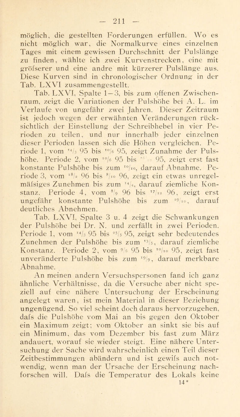 möglich, die gestellten Forderungen erfüllen. Wo es nicht möglich war, die Normalkurve eines einzelnen Ta ges mit einem gewissen Durchschnitt der Pulslänge zu finden, wählte ich zwei Kurvenstrecken, eine mit gröfserer und eine andre mit kürzerer Pulslänge aus. Diese Kurven sind in chronologischer Ordnung in der Tab. LXVI zusammengestellt. Tab. LXVI, Spalte 1 — 3, bis zum offenen Zwischen¬ raum, zeigt die Variationen der Pulshöhe bei A. L. im Verlaufe von ungefähr zwei Jahren. Dieser Zeitraum ist jedoch wegen der erwähnten Veränderungen rück¬ sichtlich der Einstellung der Schreibhebel in vier Pe¬ rioden zu teilen, und nur innerhalb jeder einzelnen dieser Perioden lassen sich die Plöhen vergleichen. Pe¬ riode 1, vom T4/3 95 bis IO/6 95, zeigt Zunahme der Puls¬ höhe. Periode 2, vom IO/6 95 bis TV, 95, zeigt erst fast konstante Pulshöhe bis zum IO/10, darauf Abnahme. Pe¬ riode 3, vom 18/^ 96 bis 8/io 96, zeigt ein etwas unregel- mäfsiges Zunehmen bis zum I4/S darauf ziemliche Kon¬ stanz. Periode 4, vom 8/9 96 bis I7/U 96, zeigt erst ungefähr konstante Pulshöhe bis zum 29,'i°, darauf deutliches Abnehmen. Tab. LXVI, Spalte 3 u. 4 zeigt die Schwankungen der Pulshöhe bei Dr. N. und zerfällt in zwei Perioden. Periode 1, vom I46 95 bis 25/s 95, zeigt sehr bedeutendes Zunehmen der Pulshöhe bis zum T3/s, darauf ziemliche Konstanz. Periode 2, vom 93 95 bis I0/io 95, zeigt fast unveränderte Pulshöhe bis zum I9/9, darauf merkbare Abnahme. An meinen andern Versuchspersonen fand ich ganz ähnliche Verhältnisse, da die Versuche aber nicht spe¬ ziell auf eine nähere Untersuchung der Erscheinung angelegt waren, ist mein Material in dieser Beziehung ungenügend. So viel scheint doch daraus hervorzugehen, dafs die Pulshöhe vom Mai an bis gegen den Oktober ein Maximum zeigt; vom Oktober an sinkt sie bis auf ein Minimum, das vom Dezember bis fast zum März andauert, worauf sie wieder steigt. Eine nähere Unter¬ suchung der Sache wird wahrscheinlich einen Teil dieser Zeitbestimmungen abändern und ist gewifs auch not¬ wendig, wenn man der Ursache der Erscheinung nach¬ forschen will. Dafs die Temperatur des Lokals keine 14*