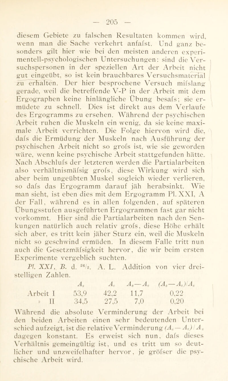 diesem Gebiete zu falschen Resultaten kommen wird, wenn man die Sache verkehrt anfafst. Und ganz be¬ sonders gilt hier wie bei den meisten anderen experi¬ mentell-psychologischen Untersuchungen: sind die Ver¬ suchspersonen in der speziellen Art der Arbeit nicht gut eingeübt, so ist kein brauchbares Versuchsmaterial zu erhalten. Der hier besprochene Versuch mifslang gerade, weil die betreffende V-P in der Arbeit mit dem Ergographen keine hinlängliche Übung besafs; sie er¬ müdete zu schnell. Dies ist direkt aus dem Verlaufe des Ergogramms zu ersehen. Während der psychischen Arbeit ruhen die Muskeln ein wenig, da sie keine maxi¬ male Arbeit verrichten. Die Folge hiervon wird die, dafs die Ermüdung der Muskeln nach Ausführung der psychischen Arbeit nicht so grofs ist, wie sie geworden wäre, wenn keine psychische Arbeit stattgefunden hätte. Nach Abschlufs der letzteren werden die Partialarbeiten also verhältnismäfsig grofs, diese Wirkung wird sich aber beim ungeübten Muskel sogleich wieder verlieren, so dafs das Ergogramm darauf jäh herabsinkt. Wie man sieht, ist eben dies mit dem Ergogramm PL NXI, A der Fall, während es in allen folgenden, auf späteren Übungsstufen ausgeführten Ergogrammen fast gar nicht vorkommt. Hier sind die Partialarbeiten nach den Sen¬ kungen natürlich auch relativ grofs, diese Höhe erhält sich aber, es tritt kein jäher Sturz ein, weil die Muskeln nicht so geschwind ermüden. In diesem Falle tritt nun auch die Gesetzmäfsigkeit hervor, die wir beim ersten Experimente vergeblich suchten. PI XXI, B. d. 26/2. stelligen Zahlen. A. L. Addition von vier drei- Äs As—Av (As — Av)/As Arbeit I 53,9 42,2 11,7 0,22 » II 34,5 27,5 7,0 0,20 Während die absolute Verminderung der Arbeit bei den beiden Arbeiten einen sehr bedeutenden Unter¬ schied aufzeigt, ist die relative Verminderung (Äs — Av) IAS dagegen konstant. Es erweist sich nun, dafs dieses Verhältnis gemeingültig ist, und es tritt um so deut¬ licher und unzweifelhafter hervor, je gröfser die psy¬ chische Arbeit wird.