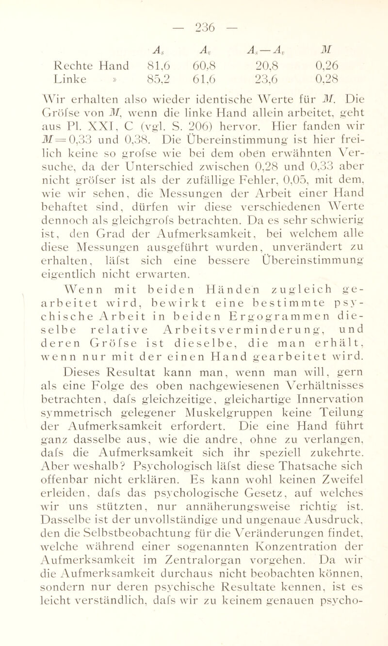 As Ar As — Av M Rechte Hand 81,6 60,8 20,8 0,26 Linke » 85,2 61,6 23,6 0,28 Wir erhalten also wieder identische Werte für M. Die Gröfse von M, wenn die linke Hand allein arbeitet, geht aus PL XXI, C (vgl. S. 206) hervor. Hier fanden wir ilf=0,33 und 0,38. Die Übereinstimmung ist hier frei¬ lich keine so grofse wie bei dem oben erwähnten Ver¬ suche, da der Unterschied zwischen 0,28 und 0,33 aber nicht gröfser ist als der zufällige Fehler, 0,05, mit dem, wie wir sehen, die Messungen der Arbeit einer Hand behaftet sind, dürfen wir diese verschiedenen Werte dennoch als gleichgrofs betrachten. Da es sehr schwierig ist, den Grad der Aufmerksamkeit, bei welchem alle diese Messungen ausgeführt wurden, unverändert zu erhalten, läfst sich eine bessere Übereinstimmung eigentlich nicht erwarten. Wenn mit beiden Händen zugleich ge¬ arbeitet wird, bewirkt eine bestimmte psy¬ chische Arbeit in beiden Ergogrammen die¬ selbe relative Arbeitsverminderung, und deren Gröfse ist dieselbe, die man erhält, wenn nur mit der einen Hand gearbeitet wird. Dieses Resultat kann man, wenn man will , gern als eine Folge des oben nachgewiesenen Verhältnisses betrachten, dafs gleichzeitige, gleichartige Innervation symmetrisch gelegener Muskelgruppen keine Teilung der Aufmerksamkeit erfordert. Die eine Hand führt ganz dasselbe aus, wie die andre, ohne zu verlangen, dafs die Aufmerksamkeit sich ihr speziell zukehrte. Aber weshalb? Psychologisch läfst diese Thatsache sich offenbar nicht erklären. Es kann wohl keinen Zweifel erleiden, dafs das psychologische Gesetz, auf welches wir uns stützten, nur annäherungsweise richtig ist. Dasselbe ist der unvollständige und ungenaue Ausdruck, den die Selbstbeobachtung für die Veränderungen findet, welche während einer sogenannten Konzentration der Aufmerksamkeit im Zentralorgan vorgehen. Da wir die Aufmerksamkeit durchaus nicht beobachten können, sondern nur deren psychische Resultate kennen, ist es leicht verständlich, dafs wir zu keinem genauen psycho-