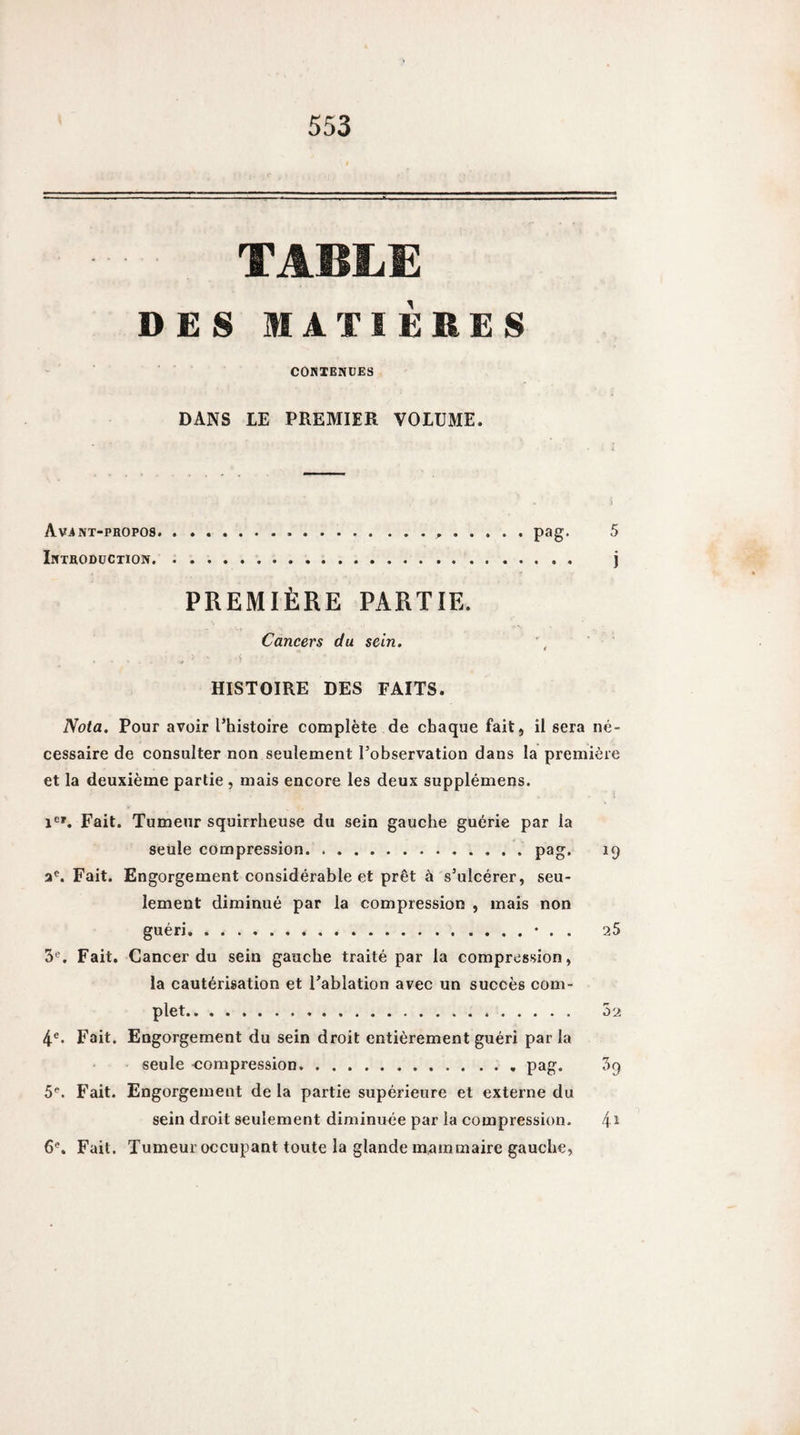 TABIiE DES MATIÈRES COHIENÜES DANS LE PREMIER VOLUME. AviNT-PROPOs. pag. 5 Introdccxion. j PREMIÈRE PARTIE. Cancers du sein. HISTOIRE DES FAITS. Nota. Pour avoir l’histoire complète de chaque fait, il sera né¬ cessaire de consulter non seulement l’observation dans la première et la deuxième partie , mais encore les deux supplémens. 1®'. Fait. Tumeur squirrheuse du sein gauche guérie par la seule compression.pag. 19 a®. Fait. Engorgement considérable et prêt à s’ulcérer, seu¬ lement diminué par la compression , mais non guéri. . ..• . . 25 3®, Fait. Cancer du sein gauche traité par la compression, la cautérisation et l’ablation avec un succès com¬ plet. 02 4®. Fait. Engorgement du sein droit entièrement guéri parla seule compression.psi?* ^9 5®. Fait. Engorgement de la partie supérieure et externe du sein droit seulement diminuée par la compression. 4^ 6®. Fait. Tumeur occupant toute la glande mammaire gauche,