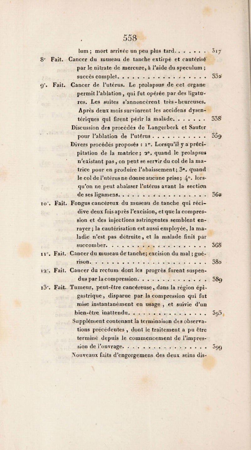I I lum ; mort arrivée un peu plus tard. ...... S* Fait. Cancer du museau de tanche extirpé et cautérisé par le nitrate de mercure, à Falde du spéculum ; succès complet.. 9''. Fait. Cancer de l’utérus. Le prolapsus de cet organe permit l’ablation, qui fut opérée par des ligattr- res. Les suites s’annoncèrent très-heureuses. Après deux mois survinrent les accidens dysen¬ tériques qui firent périr la malade. Discussion des procédés de Langerberk et Sauter pour l’ablation de l’utérus. Divers procédés proposés : i''. Lorsqu’il y a préci¬ pitation de la matrice; ta®, quand le prolapsus n’existant pas, on peut se servir du col de la ma¬ trice pour en produire l’abaissement; 3®. ^and le col de l’utérus ne donne aucune prise J 4* loi’®* qu’on ne peut abaisser l’utérus avant la section de ses ligamens. .... .. îo. Fait. Fongus cancéreux du museau de tanche qui réci¬ dive deux fois après l’excision, et que la compres¬ sion et des injections astringentes semblent en¬ rayer ; la cautérisation est aussi employée, la ma¬ ladie n’est pas détruite, et la malade finit par succomber... II®. Fait. Cancer du museau de tanche; excision du mal ; gué¬ rison. 12''. Fait. Cancer du rectum dont les progrès furent suspen¬ dus par la compression. 13. Fait. Tumeur, peut-être cancéreuse, dans la région épi¬ gastrique , disparue par la compression qui fut mise instantanément en usage , et suivie d’uii bien-être inattendu. Supplément contenant la terminaison des observa¬ tions précédentes , dont le traitement a pu être terminé depuis le commencement de l’impres¬ sion de l’ouvrage. Nouveaux faits d’engorgemens des deux seins dis- 517 332-' 338’ 359 36o 368 38o 389 593 399