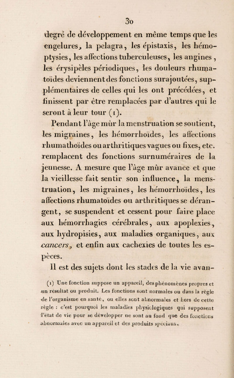 degré de développement en meme temps que les engelures, la pelagra, les épistaxis, les hémo¬ ptysies, les affections tuberculeuses, les angines , les érysipèles périodiques, les douleurs rhuma¬ toïdes deviennent des fonctions surajoutées, sup¬ plémentaires de celles qui les ont précédées, et finissent par être remplacées par d’autres qui le seront à leur tour (i). Pendant 1âge mûr la menstruation se soutient, les migraines, les hémorrhoïdes, les affections rhumathoïdes ou arthritiques vagues ou fixes, etc. remplacent des fonctions surnuméraires de la jeunesse. A mesure que l’âge mûr avance et que la vieillesse fait sentir son influence^ la mens¬ truation, les migraines, les hémorrhoïdes, les affections rhumatoïdes ou arthritiques se déran¬ gent, se suspendent et cessent pour faire place aux hémorrhagies cérébrales, aux apoplexies, aux hydropisies, aux maladies organiques, aux cancerset enfin aux cachexies de toutes les es¬ pèces. 11 est des sujets dont les stades de la vie avan- (1) Une fonction suppose un appareil, des phénomènes propres et .un résultat ou produit. Les fonctions sont normales ou dans la règle de l’organisme en santé, ou elles sont abnormales et hors de cette règle : c’est pourquoi les maladies physiologiques qui supposent l’état de vie pour se développer ne sont au fond que des fonctions •abnormales avec un appareil et des produits spéciaux.
