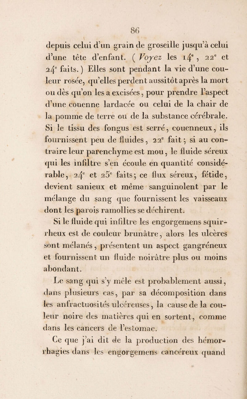 depuis celui d’un grain de groseille jusqu’à celui d’une tête d’enfant. ( Voyez les i/f , 22e et 24e faits. ) Elles sont pendant la vie d’une cou¬ leur rosée, qu’elles perdent aussitôt après la mort ou dès qu’on les a excisées, pour prendre l’aspect d’une couenne lardacée ou celui de la chair de la pomme de terre ou de la substance cérébrale. Si le tissu des fongus est serré, couenneux, ils fournissent peu de fluides, 22e fait \ si au con¬ traire leur parenchyme est mou, le fluide séreux qui les infiltre s’en écoule en quantité considé¬ rable, 24e et 25e faits ; ce flux séreux, fétide, devient sanieux et même sanguinolent par le mélange du sang que fournissent les vaisseaux dont les parois ramollies se déchirent. Si le fluide qui infiltre les engorgemens squir¬ rheux est de couleur brunâtre, alors les ulcères sont mélanés, présentent un aspect gangréneux et fournissent un fluide noirâtre plus ou moins abondant. Le sang qui s y mêle est probablement aussi, dans plusieurs cas, par sa décomposition dans les anfractuosités ulcéreuses, la cause de la cou¬ leur noire des matières qui en sortent, comme dans les cancers de l’estomac. Ce que j’ai dit de ia production des hémor¬ rhagies dans les engorgemens cancéreux quand