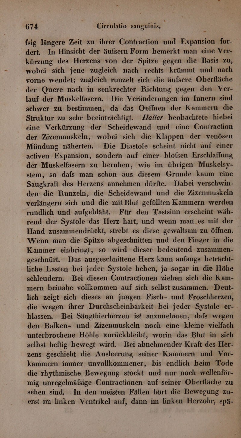 fsig längere Zeit zu ihrer Contraction und Expansion for- dert. In Hinsicht der äufsern Form bemerkt man eine Ver- kürzung des Herzens von der Spitze gegen die Basis zu, wobei sich jene zugleich nach rechts krümmt und nach vorne wendet; zugleich runzelt sich die äufsere Oberfläche der Quere nach in senkrechter Richtung gegen den Ver- lauf der Muskelfasern. Die Veränderungen im Innern sind schwer zu bestimmen, da das Oeffnen der Kammern die Struktur zu sehr beeinträchtigt. Zaller beobachtete hiebei eine Verkürzung der Scheidewand und eine Contraction der Zizenmuskeln, wobei sich die Klappen der venösen Mündung näherten. Die Diastole scheint nicht auf einer activen Expansion, sondern auf einer blofsen Erschlaffung der Muskelfasern zu beruhen, wie im übrigen Muskelsy- stem, so dafs man schon aus diesem Grunde kaum eine Saugkraft des Herzens annehmen dürfte. Dabei verschwin- den die Runzeln, die Scheidewand und die Zizenmuskeln verlängern sich und die mit Blut gefüllten Kammern werden rundlich und aufgebläht. Für den Tastsinn erscheint wäh- rend der Systole das Herz hart, und wenn man.es mit der Hand zusammendrückt, strebt es diese gewaltsam zu öffnen. Wenn man die Spitze abgeschnitten und den Finger in die Kammer einbringt, so wird dieser bedeutend zusammen- geschnürt, Das ausgeschnittene Herz kann anfangs beträcht- liche Lasten bei jeder Systole heben, ja sogar in die Höhe schleudern. Bei diesen Contractionen ziehen sich die Kam- mern beinahe vollkommen auf sich selbst zusammen. Deut- lich zeigt sich dieses an jungen Fisch- und Froschherzen, die wegen ihrer Durchscheinbarkeit bei jeder Systole er- . blassen. Bei Säugthierherzen ist anzunehmen, dafs wegen den Balken- und Zizenmuskeln noch eine kleine vielfach unterbrochene Höhle zurückbleibt, worin das Blut in sich selbst heftig bewegt wird. Bei abnehmender Kraft des Her- zens geschieht die Ausleerung seiner Kammern und Vor- kammern immer unvollkommener, bis endlich beim Tode die rhythmische Bewegung stockt und nur noch wellenför- mig unregelmäfsige Contractionen auf seiner Oberfläche zu sehen sind. In den meisten Fällen hört die Bewegung zu- erst im linken Ventrikel auf, dann im linken Herzohr, spä-