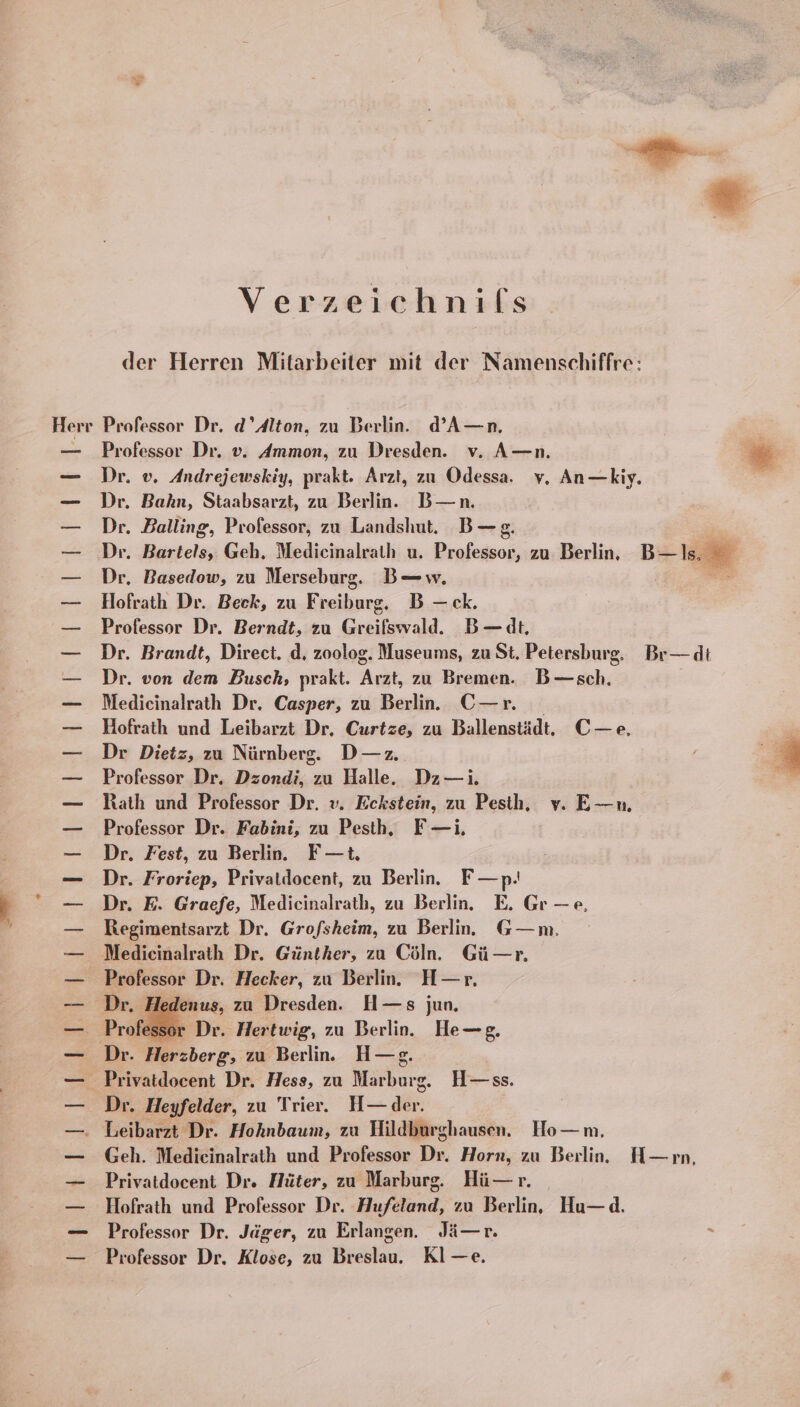 Verzeichnifs der Herren Mitarbeiter mit der Namenschiffre: Herr Professor Dr. d’Alton, zu Berlin. d’A—n. — Professor Dr. v. Ammon, zu Dresden. v. A—n. — Dr. v. Andrejewskiy, prakt. Arzt, zu Odessa. v, An—kiy. — Dr. Bahn, Staabsarzt, zu Berlin. B—n. — Dr. Balling, Professor, zu Landshut. B—g. — Dr. Bartels, Geh. Medicinalraih u. Professor, zu Berlin, Be — Dr. Basedow, zu Merseburg, B— w. en — Hofrath Dr. Beck, zu Freiburg, B—-.ck. — Professor Dr. Berndt, zu Greifswald. B—dt. — Dr. Brandt, Direct. d, zoolog. Museums, zu St. Petersburg. Br—di — Dr. von dem Busch, prakt. Arzt, zu Bremen. B—sch. — Medicinalrath Dr. Casper, zu Berlin. C—r. — Hofrath und Leibarzt Dr, Curtze, zu Ballenstäd. C—e, — Dr Dietz, zu Nürnberg. D—. — Professor Dr. Dzondi, zu Halle. Dz—ıi. — Rath und Professor Dr. v. Eckstein, zu Pesth, v. E—n, — Professor Dr. Fabini, zu Pesth, F—i, — Dr. Fest, zu Berlin. F—t. — Dr. Froriep, Privatdocent, zu Berlin. F—p! — Dr. E. Graefe, Medieinalrath, zu Berlin. E. Gr —e, — Regimentsarzt Dr. Grofsheim, zu Berlin. G—m. — Medieinalrath Dr. Günther, zu Cöln. Gü—r, — Professor Dr. Hecker, zu Berlin. H—r. — Dr. Hedenus, zu Dresden. H—s jun. _ Professo: Dr. Hertwig, zu Berlin. He—2. — Dr. Herzberg, zu Berlin. H—e. — Privatdocent Dr. Hess, zu Marburg, H—ss. — Dr. Heyfelder, zu Trier. H—.der. —. Leibarzt Dr. Hohnbaum, zu Hildburghausen. Ho—m. — Geh. Medieinalrath und Professor Dr. Horn, zu Berlin. H— ın, — Privatdocent Dr. Hüter, zu Marburg, Hü— r. — Hofrath und Professor Dr. Hufeland, zu Berlin. Hu—d. — Professor Dr. Jäger, zu Erlangen. Jä—r. - — Professor Dr. Klose, zu Breslau Kl-e.