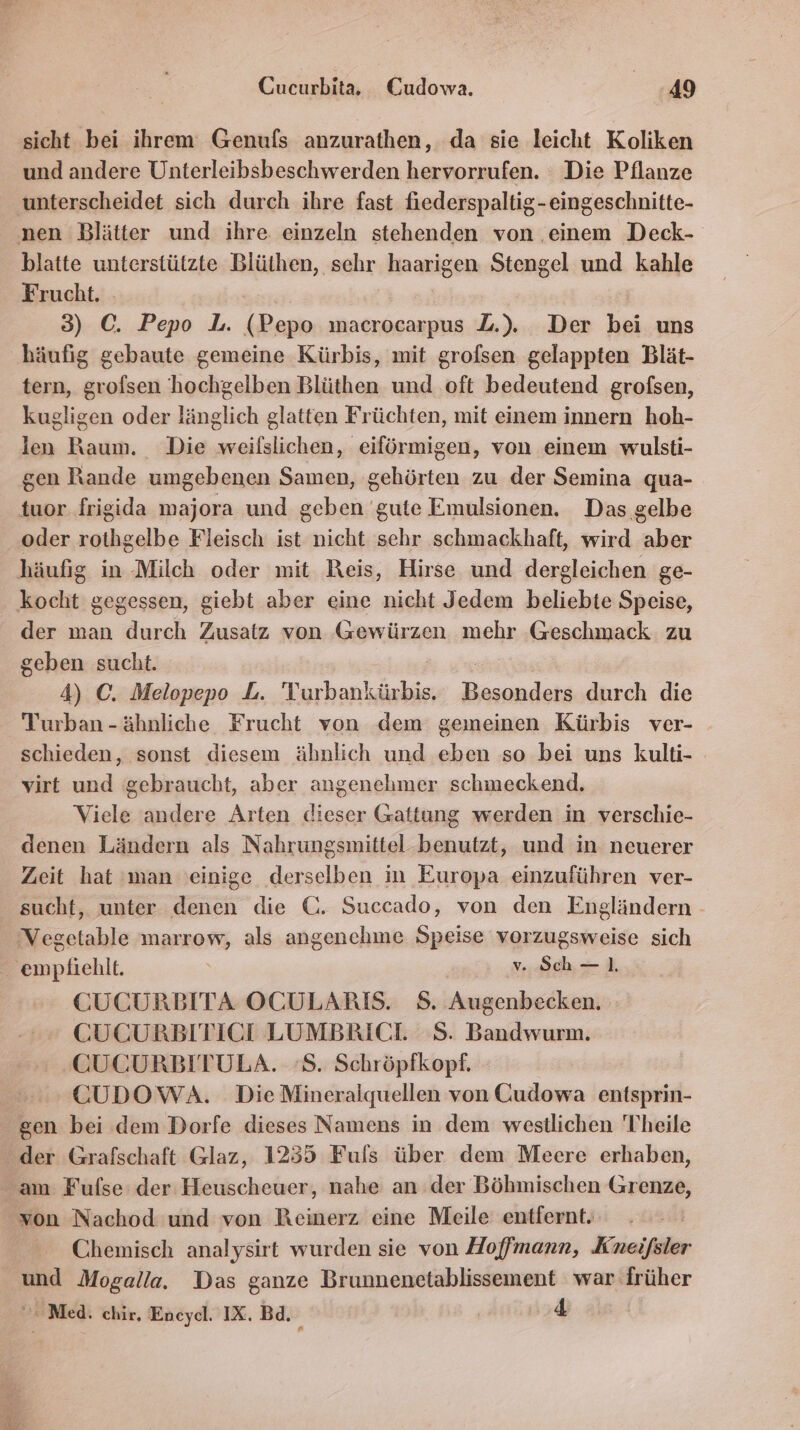 sicht bei ihrem Genufs anzurathen, da sie leicht Koliken und andere Unterleibsbeschwerden hervorrufen. Die Pflanze unterscheidet sich durch ihre fast fiederspaltig-eingeschnitte- nen Blätter und ihre einzeln stehenden von einem Deck- blatte unterstützte Blüthen, sehr haarigen Stengel und kahle Frucht. 3) C. Pepo L. (Pepo macrocarpus ZL.). Der bei uns häufig gebaute gemeine Kürbis, mit grofsen gelappten Blät- tern, grofsen hochgelben Blüthen und oft bedeutend grofsen, kugligen oder länglich glatten Früchten, mit einem innern hoh- len Raum. Die weilslichen, eiförmigen, von einem wulsti- gen Rande umgebenen Samen, gehörten zu der Semina qua- tuor frigida majora und geben gute Emulsionen. Das gelbe oder rothgelbe Fleisch ist nicht sehr schmackhaft, wird aber häufig in Milch oder mit Reis, Hirse und dergleichen ge- kocht gegessen, giebt aber eine nicht Jedem beliebte Speise, der man durch Zusatz von Gewürzen mehr ‚Geschmack zu geben sucht. | 4) C. Melopepo L. TVurbankürbis. Besonders durch die Turban -ähnliche Frucht von dem gemeinen Kürbis ver- schieden, sonst diesem ähnlich und eben so bei uns kulti- virt und gebraucht, aber angenehmer schmeckend. Viele andere Arten dieser Gattang werden in verschie- denen Ländern als Nahrungsmittel benutzt, und in neuerer Zeit hat 'man einige derselben in Europa einzuführen ver- sucht, unter denen die C. Succado, von den Engländern - Vegetable marrew, als angenchme Speise vorzugsweise sich empfiehlt. | v. Sch — 1. CUCURBITA OCULARIS. S$. Augenbecken. CGUCURBITICE LUMBRICL S. Bandwurm. GUCURBITULA. °S. Schröpfkopf. C@UDOWA. Die Mineralquellen von Cudowa entsprin- gen bei dem Dorfe dieses Namens in dem westlichen Theile der Grafschaft Glaz, 1235 Fuls über dem Meere erhaben, am Fufse: der Heuscheuer, nahe an der Böhmischen Grenze, von Nachod und von Reinerz eine Meile entfernt. Chemisch analysirt wurden sie von Hoffmann, Kneifsler und Mogalla. Das ganze Brunnenetablissement war früher Med. chir, Eneyel. IX. Bd. . 4