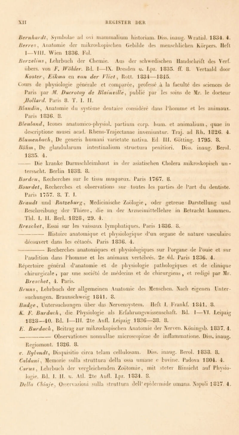 liernhuult^ Symljolui* ad u\i iiiainiaalinui liistoriaiii. l)ivs. iiiaiijj. W rati>J. 4. Uerres^ Anatomie der mikrosl;o|)is(dien (iebilde d»*s mensclilirlmn Kürjjers. llelï VVien 183G. I’ul. lierzelius ^ I^dirhutli der (diemle. Aui> iler scli« edistdien llauds(dirift des A’erf. übei-s. Vüii If'öhler. IM. I—1.\. Dresilen u. Lj)z. 1835. fT 8. \'ertaald door koster^ hik’/fift cn cujt der f'liet ^ Ilotl. 1834—1815. (.■i)iir.s de pliysioloijie {générale et comjjarée, professé a la laculté das sc'iencas de I’ails par M. Ducrotaij de IHainvtUè ^ publié jun- les soins de Mr. Ie d<x*teur Jiullard. Paris 8. '1'. I. II. filftndht^ Anatomie du système dentaire mnsidén* dans I’bomme et b‘S animaux. Paris 1830. 8. Bleulund^ Icones anatumico-pbysiol. partiiim corp. Iium. et animalimn, (|uae in descriptionc musei aead. llbeno-Trajectanae iineniuntur. Traj. ad lUi. 1820. 4. tilumenhdch ^ De {jeneris bumani varietate nativa. Pd III. (mttinfj. 1795, 8. Böfun, De jjlandularum intestinalium struetura penitiuri. Diss. inau{j. Berol. 18.35. 4. -Die kranke Darms(dileimbaut in der asiatis(dien Cholera mikroskopiscb un- 1ei*sücbt. IJerlin 1838. 8. Borden^ Iieclierclies sur Ie tissu mu(|ueux. Paiis 1707. 8. Buufdet^ liccbcrclies et ob.servations sur tuutes les j)arties do Part du dentiste. I’aris 1757. 8. T. I. Brandt und Ratzehurg ^ Mediciniscbe Zoölogie, oder eeti'cue Darstellunjr und JJescbreibun'j der 'J'biere. die in der Aizneimittellelire in Betracht kommen. Thl. I. II. Berl. 1828, 29. 4. Breschet^ Essai sur les vaissaux. lympbaticjucs. Paris 1830. 8. -Ilistoire anatomi(juc et pbysioloo;i({ue d’un or^ane de natuie va.sculairc déeouvert dans les célacés. Paris 1830. 4, -IDicberclies anatorniques et jdiysiolo^iqucs sur Porjjane de Pouie et sur Paudition dans Phomme et les animaux xertébrés. 2e éd, i*aris 1830. 4. Répertoire {jénéral d’analomie et de j)bysioloie jialbolo^pques et de clinique ehirur^icale , jjar une société de médwins et de cblrur|jiens , »;t redifré j)ar Mr. Breschet, 4, Paris. / Bnins^ Lehrbucb der all»yemeinen Anatomie des Menscben. Xacb eijjenen l'/iter- suchun'jen. BraimscliMeifj 1841. 8. Budse^ Untersuchunfreii üljer das IVervensvstem. Heft I. b'jankf. 1841. 8. A. F. Burduch^ die Pbysiolojj'ie als l’irfubrun{js\\ is-senscliaft. Bd. 1—VI. I.eipzijj 1828—40. Bd, 1—Hl. 2te .Vuil. Leijr/.i^ 1830—88. 8. /s'. Burdacli^ Bcitrafj zur mikroskopiseben Anatomie der Xerven. Koniniisb. 1837. 4. -Observationes nonnullae inicroseopieae de inllammalione. Diss. itiaup, Re'riümont. 1820. 8. V. Bijl'iudl^ Di.s(|uisitio circa telam celltdosam. Diss. inaufj. Berol. 1838. 8. Crddani ^ Memorie snila sfruttura della ü.s.sa umane e bovinc. I’adova 1804. 4. Varns ^ l.elirbucli der veiqjleichenden Zoölomie, mit sief er liinsicbt auf Pliysio- lu'rie. Bd. 1. II. u. Atl. 2te Aull. Pj)z. 1834. 8. Dtlla Chiaje^ üsserxa/ioiii sulla strutlura ilelP epidei inide umana. .\aj>oli 1 827.4.