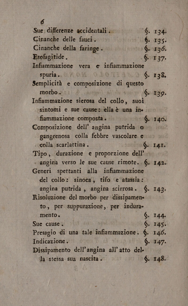 é Sue: differenze accidentali .. $. 134 Cinanche delle fauci. $. 135. Cinanche della faringe . 60130. -Esofagitide, $. 137. Infiammazione vera e infiammazione spuria .. $. 138. Semplicità e composizione di questo | morbo. | f. 139. Infiammazione sierosa del collo, suoì sintomi e sue cause:‘ella è una in fiammazione composta è $. 140. Composizione dell’ angina putrida o gangrenosa colla febbre vascolare. e colla scarlattina. $. I4I. Tipo, durazione e proporzione dell’ + angina verso le sue cause rimote.. $. 142. Generi spettanti alla infiammazione del collo: sinoca, tifo ‘e atassia:. angina putrida , angina scirrosa. @. 143. Risoluzione del morbo per ‘dissipamens to, per suppurazione,. per indura» mento. 2a) Tai Sue cause. | $, 145. Presagio di una tale infiammazione. $. 146. Indicazione . $. 147. Dissipamento dell’angina all’ atto del- ‘la stessa sua nascita. $. 148.