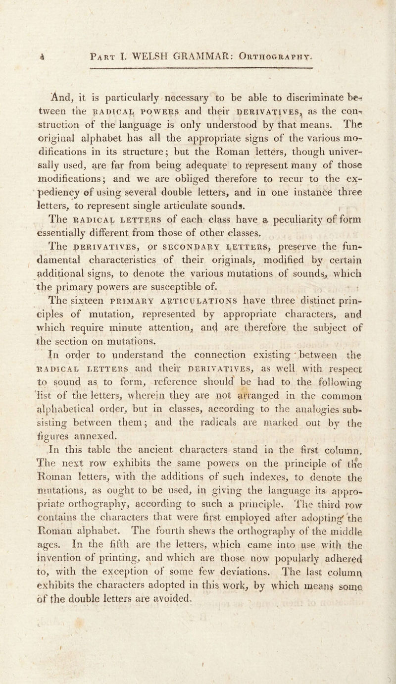 And^ it is particularly necessary to be able to discriminate be^ tween the radical powers and their rerivativeS;, as the con^ struction of the language is only understood by that means. The original alphabet has all the appropriate signs of the various mo¬ difications in its structure; but the Roman letters, though univer¬ sally used, are far from being adequate to represent many of those modifications; and we are obliged therefore to recur to the ex¬ pediency of using several double letters, and in one instance three letters, to represent single articulate sounds. The RADicAR LETTERS of each class have a peculiarity of form essentially different from those of other classes. The DERIVATIVES, or SECONDARY LETTERS, preserve the fun¬ damental characteristics of their originals, modified by certain additional signs, to denote the various mutations of sounds, which the primary powers are susceptible of, j • The sixteen primary articulations have three distinct prin¬ ciples of mutation, represented by appropriate characters, and which require minnte attention, and are therefore the subject of the section on mutations. In order to understand the connection existing ' between the radical LETTERS and their derivatives, as well wfith respect to sound as to form, reference should \)e ~had to the following- list of the letters, wdierein they are not arranged in the common alphabetical order, but in classes, according to the analogies sub¬ sisting between them; and the radicals are marked out by the figures annexed. In this table the ancient characters stand in the first column. The next row exhibits the same powers on the principle of tlie liomaii letters, with the additions of such indexes, to denote the mutations, as ought to be used, in giving the language its appro¬ priate orthography, according to such a principle. The third row contains the characters that w'ere first employed after adopting the Roman alphabet. The fourth shew^s the orthography of the middle ages. In the fifth are the letters, which came into use with the invention of printing, and which are those now popularly adhered to, with the exception of some few deviations. The last column exhibits the characters adopted in this work, by which means some, of the double letters are avoided, f I