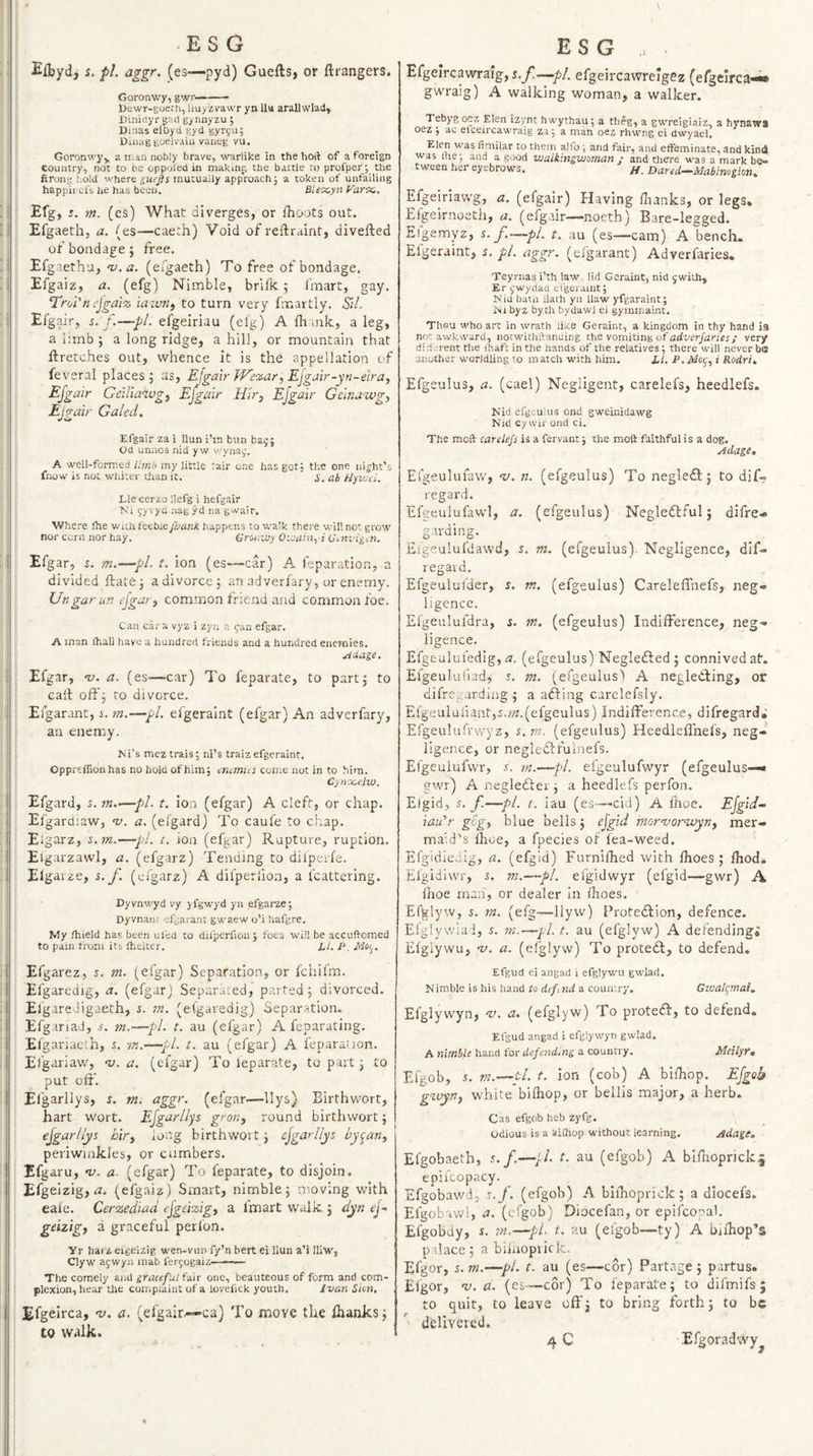 ■ ESG Eibyd, i. /&gt;/. a^gr. (es—pyd) Guefts, or ftrangers. I Goronwy, gwr—— Dewr-goerh, Uuyzvavvr yn llu arallwlad^ Diniflyr gact gynnyzu ; Dinas elDyd gyd gyrju; , Diiiaggoelvaiii vaneg vu. Goronwy^ a man nobly brave, warlike in the hoft of a foreign country, not to be oppol'ed in making the battle to profper; the ftrong hold where guefis inutuaiiy approach; a token of unfailing happirefs he has been. Blex,yn Farx. I Efg, m. (es) What diverges, or fhoots out. I Efgaeth, a. (es—caech) Void of reftraint, divelled of bondage j free. 1 Efgaethu,'L’. i2. (eigaeth) To free of bondage, i Efgaiz, a. (efg) Nimble, brifk 5 iinart, gay. Troi'n ejgalz iaivn^ to turn very fmartly. Sil. i Efgair, i. y.—y/. efgeiriau (elg) A flunk, a leg, a limb ; a long ridge, a hill, or mountain that flretches out, whence it is the appellation t'f feveral places; as, Ejgair We%ar, Ejgjir-yn-elra^ Efgair GcUiawgf Ejgalr Efgair Gclnaivgy Elp-air Gated. Efgair za i Ilun i’ms bun bag; Od unnos nid yw v/ynag. A well-formed limb my little iair one has got; the one night’s fnow is not whiter tfian it. s, ab H-jVJcL Lie cerzo Ilefg i hefgair Mi gy\ yd nag yd na gsvair. Where Ihe with feeble foanR happens to walk there will not grow nor corn nor hay. Grw.-xy Oivaht^ i Gi.nvigtn. ! Efgar, s. m.—JjI. t. ion (es—car) A reparation, a divided ftatC ; a divorce; an adverfary, or enemy. Ungarun fjgar, common friend and common foe. Can car a vyz i zyii a gan efgar. A man lhall have a hundred friends and a hundred enemies. Adage, i Efgar, v. a, (es—car) To feparate, to part; to call off; to divorce. i Ei’garant, s. m,—jjl. efgeraint (efgar) An adverfary, an enemy. Mi's mez trais; ni’s traiz efgeraint. Opprtflionhas no hold of him; mtmia come not in to him. Cjuxelw, Efgard, s. m.—pl. t. ion (efgar) A cleft, or chap. Efgardiavv, a;, a. (efgard) To caufe to chap. 1 Elgarz, s.m.—pL t. ion (efgar) Rupture, ruption. I Elgarzawl, a. (efgarz) Tending to diiperfe. 1 Elgai ze, i. f. (ci'garz) A difperlion, a fcattering. Dyvnv.’yd vy &gt;fgwyd yn efgarze; Dyvnaui efgarant gwaew o’i hafgre. My /hield has been ul'ed to diiperfion ; foes will be accuftomed to pain from its fheiier. Ll.P.Mo(^, Efgarez, 5. m. (^efgar) Separation, or fchifm. Efgaredig, a. (efgar) Separated, parted; divorced. EfgareJigaeth, s. m. (efgaredig) Separation. Efgariad, s, m.—pi. t. au (efgar) A feparating. Efganacth, s. m.—pL t. au (efgar) A feparaiion. Efgariaw, nj, a. (efgar) To leparate, to part; to put off. Elgarllys, y. m. aggr. (efgarz—Hys) Birthv/ort, hart wort. Efgarllys groriy round birthwort; efgarilys b'lry long birthwort; efgarllys hy^ariy periwinkles, or cumbers. Efgaru, 'v. a~ (efgar) To feparate, to disjoin. Efgeizig, i^. (efgaiz) Smart, nimble; moving with eaie. Cerzediad ^Jgdzig, a Imart walk ; ef~ geizig) a graceful perlon. Yr hai z eigeizig wen-vun fy’n bert ei Ilun a’i lliw, Clyw agwyn mab fergogaiz——— The comely and graceful fair one, beauteous of form and com¬ plexion, hear the complaint of a lovelick youth. ivan Sim, Efgeirca, -v. a. (efgair^ca) To move the fhanks; to walk. ESG , Efgeircawraig, y.y!—pi. efgeircawreigez (ergeirca—• gwraig) A walking woman, a walker. Tebygoez Elen izynt hwythau; a theg, a gwrelgiaiz, a hynawa oez ; ac elceircawraig za; a man oez rhwng ei dwyaei. Elen was fimilar to them alfo; and fair, and effeminate, and kind was ihe; and a good walkingwoman j and there was a mark be¬ tween her eyebrows. h. Dared—Mabinogion. Efgelriawg, a. (efgair) Having flianks, or legs* Efgeirnoeth, a. (efgair—noeth) Bare-legged. Elgemp, 5. f.—pl. t. au (es—cam) A bench. Elgeraint, s. pi. aggr. (efgarant) Adverfaries. Teyrnas i’th law lid Geraint, nid ywiih, Er gwydad ffgeraiiit; MUd bath Hath yn llaw yfgaraint; Mi byz byth bydawl ei gymmaint. Thou who art in wrath like Geraint, a kingdom in thy hand ia not awkward, notwithftanuing the vomiting of arfticr/ariejy very did-rent the ihafe in the hands of the relatives; there will never be another worldling to match with him. LI, i Rodri. Efgeulus, a. (cael) Negligent, carelefs, heedlefs, Nid efgeulus ond gweiiiidawg Nid cy wir ond ci. The moft carelefs is a fervant; the molt faithful is a dog. Adage, Efgeulufaw, &lt;1/. «. (efgeulus) To negleiff; to dif- regard. Efgeulufawl, a. (efgeulus) Negledlful j difre-&gt; garding. Eigeulufdawd, s. m. (efgeulus) Negligence, dlf- regavd. Efgeulufder, s. m. (efgeulus) Careleffnefs, neg» ligence. Efgeulufdra, i. m. (efgeulus) Indifference, neg-» ligence. Efgeulufedig, a. (efgeulus) Neglefted ; connived at. Efgeuluiiad, 5. m. (efgeulus'' A negiedling, or difregarding ; a afting carelefsly. Efgealaliant,5.i«.(efgeulus) Indifference, difregard; Efgeulufrwyz, 5. (efgeulus) Pleedleffnefs, neg¬ ligence, or negletfffulnefs. Efgeuhifwr, s. m.—pi. efgeulufwyr (efgeulus-^ gwr) A negledfei , a heedlefs perfon. Elgid, s. f.—pi. t. iau (es—cid) A ihoe. Efgid- iau'r gegy blue bells; fgid mor^orwyriy mer¬ maid’s Ihoe, a fpecies of lea-weed, EfgidieJig, a. (efgid) Furnifhed with fhoes ; Hiod. Efgidiwr, i. m.—pl. efgidwyr (efgid—gwr) A Ihoe man, or dealer In Ihoes. Efglyw, 5. m. (efg—llyw) Prote6lion, defence. Elglywiad, z. ni.—yl. t. au (efglyw) A defending® Efglywu, nj. a. (elglyw) To protedl, to defend. Efgud ei angad i efglywu gwlad. Nimble is his hand to dtfnd a country. Gvealqmai, Efglywyn, v. a. (efglyw) To proteiff, to defend. Et'sud angad i efglywyn gwlad. A nimble hand for defending a couiury. Meilyr, Efgob, 5. m.— tl. t. ion (cob) A bilhop. EfgQb gwyTJj white bifhop, or bellis major, a herb. Cas efgob heb zyfg. Odious is a kilhop without learning. Adage, Efgobaeth, s. f.—pl. t. au (efgob) A biffoprick^ epiicopacy. Efgobawd, ?./. (efgob) A bilhoprick; a diocefs. Elgobawl, a. (efgob) Diocefan, or epifeopah Efgobdy, z. m.—pL t. au (efgob—ty) A biihop’s palace; a biiiiopiick. Efgor, 5. m.—pi. t. au (es—cor) Partage ; partus. Efgor, 'V. a. (es—cor) To feparate; to difmifsj to quit, to leave off; to bring forth; to be delivered. 4C Efgoradwy^ %