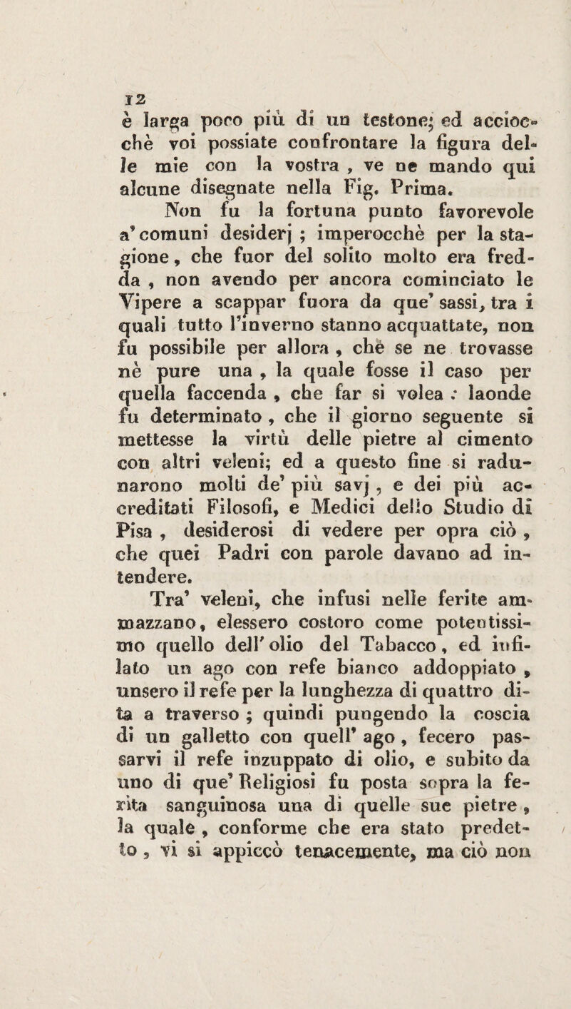 è larga poro piu di un testone; ed accioc» che voi possiate confrontare la figura deh* le mie con la vostra , ve ne mando qui alcune disegnate nella Fig. Prima. Non fu la fortuna punto favorevole a’ comuni desiderj ; imperocché per la sta¬ gione , che fuor del solilo molto era fred¬ da , non avendo per ancora cominciato le Vipere a scappar fuora da que’ sassi, tra i quali tutto Fmverno stanno acquattate, non fu possibile per allora , che se ne trovasse nè pure una , la quale fosse il caso per quella faccenda , che far si volea .* laonde fu determinato , che il giorno seguente si mettesse la virtù delle pietre al cimento con altri veleni; ed a questo fine si radu¬ narono molti de’ più savj, e dei più ac¬ creditati Filosofi, e Medici delio Studio di Pisa , desiderosi di vedere per opra ciò , che quei Padri con parole davano ad in¬ tendere. Tra’ veleni, che infusi nelle ferite am» ma zza no, elessero costoro come potentissi¬ mo quello deir olio del Tabacco, ed infi¬ lato un ago con refe bianco addoppiato , unsero iJ refe per la lunghezza di quattro di¬ ta a traverso ; quindi pungendo la coscia di un galletto con quell’ ago , fecero pas¬ sarvi il refe inzuppato di olio, e subito da uno di que’ Religiosi fu posta sopra la fe¬ rita sanguinosa una di quelle sue pietre , la quale , conforme che era stato predet¬ to , vi si appiccò tenacemente, ma ciò non