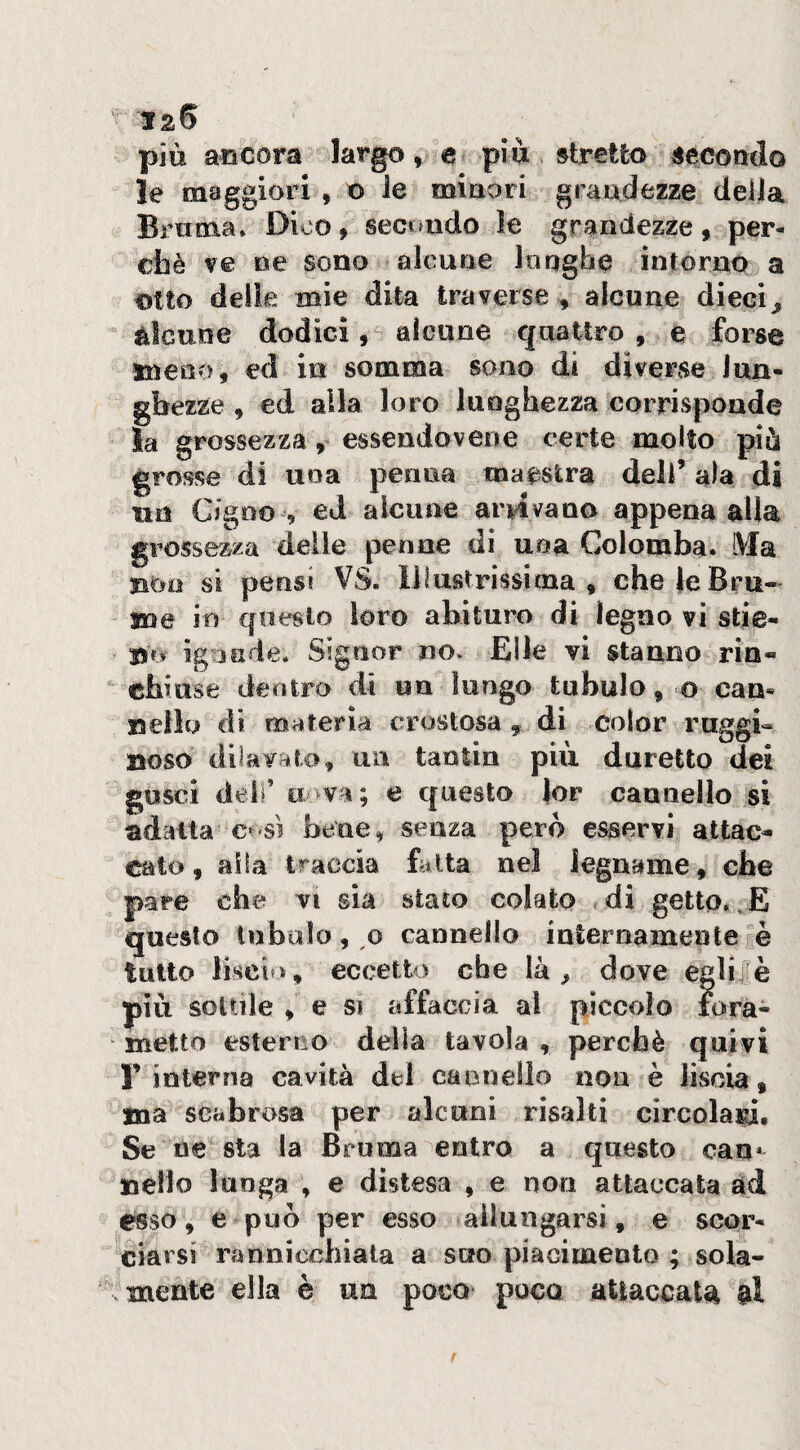 più accora largo, e- piu stretto secondo le maggiori , o le minori grandezze delia Brnma» Dico, secondo le grandezze, per¬ chè ve ne sono alcune longhe intorno a otto delle mie dita traverse , alcune dieci^ àlcune dodici, alcune quattro , e forse ìneoo, ed in somma sono di diverse lun¬ ghezze , ed alla loro lunghezza corrisponde la grossezza, essendovene certe molto più grosse di uoa penna maestra dell’ala di tin Cigno , ed alcune arrivano appena alla grossezza delle penne di una Colomba. Ma non si pensi VS. illustrissima, cheleBru- sne in questo loro abituro di legno vi stie- Bo igonde. Signor no. Elle vi stanno rin¬ chiuse dentro di un lungo tubulo, o can¬ nello di materia crostosa , di color raggi» noso dilavato, un tantin più duretto dei gusci deir ti >va ; e questo }or cannello si adatta sì bene, senza però esservi attac¬ cato , aita traccia fatta nel legname, che pare che vi sia stato colato di getto. ,E questo tubulo, o cannello internamente è tutto liscit>, eccetto che là, dove eglij è piu sottile , e sj affaccia al piccolo io ra¬ metto esterno della tavola , perchè quivi r interna cavità del cannello non è liscia, ma scabrosa per alcuni risalti circolari* Se ne sta la Bruma entro a questo cau* nello lunga , e distesa , e non attaccata àd esso, e può per esso allungarsi, e scor¬ ciarsi rannicchiala a suo piacimento ; sola¬ mente ella è un poco poco attaccata al