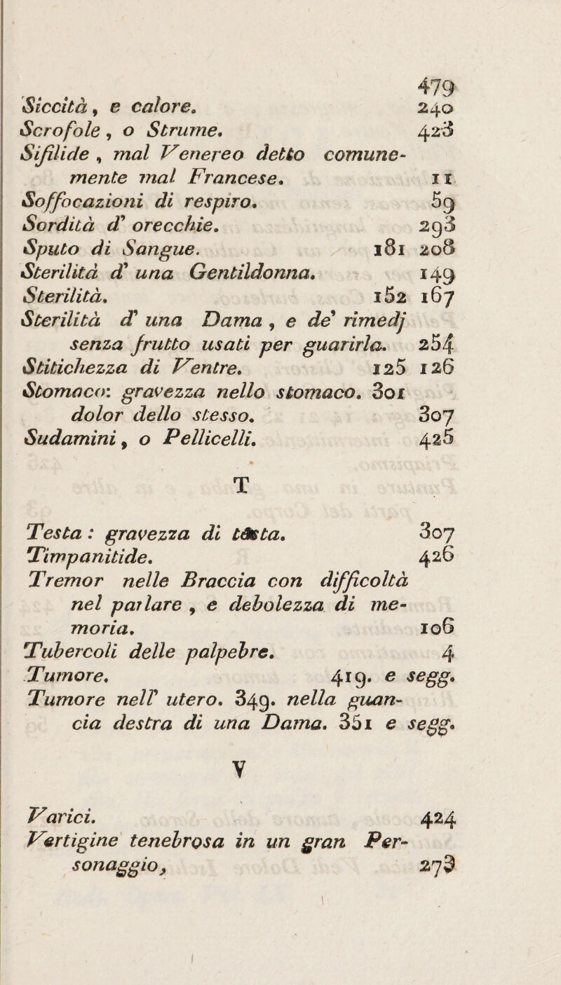 Siccità, e calore. 240 Scrofole, 0 Strume. 423 Sifilide , mal Venereo detto comune- mente mal Francese. II Soffocazioni di respiro. 59 Sordità d^ orecchie. 293 Sputo di Sangue. 181 208 Sterilità d^ una Gentildonna, 149 Sterilità. i52 167 Sterilità dt una Dama , e de rimedj senza frutto usati per guarirla. 254 Stitichezza di Ventre. 125 126 Stomac(n gravezza nello stomaco. 3ox dolor dello stesso. 307 Sudamini, 0 Pellicelli. T Testa : gravezza di tèsta. 3o7 Timpanitide. 426 Tremor nelle Braccia con difficoltà nel pai lare , e debolezza di me- moria. 106 Tubercoli delle palpebre. 4 Tumore. 419. e segg. I 'Tumore nelV utero, 349* nella giuin- \ da destra di una Dama. 351 e I V Varici. 424 Vertigine tenebrosa in un gran Per¬ sonaggio^ 279