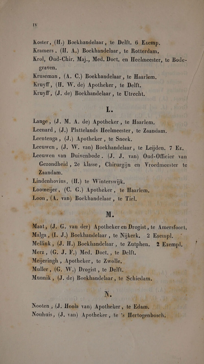 Koster, (H.) Boekhandelaar, te Delft. 6 Exemp. Kramers, (H. A.) Boekhandelaar, te Rotterdam. Krol, Oud-Chir. Maj., Med. Doct. en Heelmeester, te Bode- graven. Kruseman, (A. C.) Boekhandelaar, te Haarlem. Kruyff, (H. W. de) Apotheker, te Delft. Kruyff, (J. de) Boekhandelaar , te Utrecht. L. Lange, (J. M. A. de) Apotheker , te Haarlem. Leenard, (J.) Plattelands Heelmeester, te Zaandam. Leentenga, (J.) Apotheker , te Sneek. Leeuwen, (J. W. van) Boekhandelaar, te Leijden. 7 Ex. Leeuwen van Duivenbode. (J. J. van) Oud-Officier van Gezondheid, 2e klasse, Chirurgijn en Vroedmeester te Zaandam. __Lindenhovius, (H.) te Winterswijk. Loormneijer, (C. G.) Apotheker, te Haarlem. Loon, (A. van) Boekhandelaar , te Tiel. . M. Maat, (J..G. van der) Apotheker en Drogist, te Amersfoort, Malga, (I. 3.) Boekhandelaar , te Nijkerk, 2 Exempl. Mellink, (J. H.) Boekhandelaar , te Zutphen, 2 Exempl. Merz, (G. J. F.) Med. Doct. , te Delft, | | Meijeringh , Apotheker, te Zwolle, Muller, (G. W.) Drogist, te Delft. _ Munnik , (J. de) Boekhandelaar, te Schiedam. Nooten , (J. Hoola van) Apotheker, te Edam. Nouhuis, (J. van) Apotheker, te ’s Hertogenbosch. _