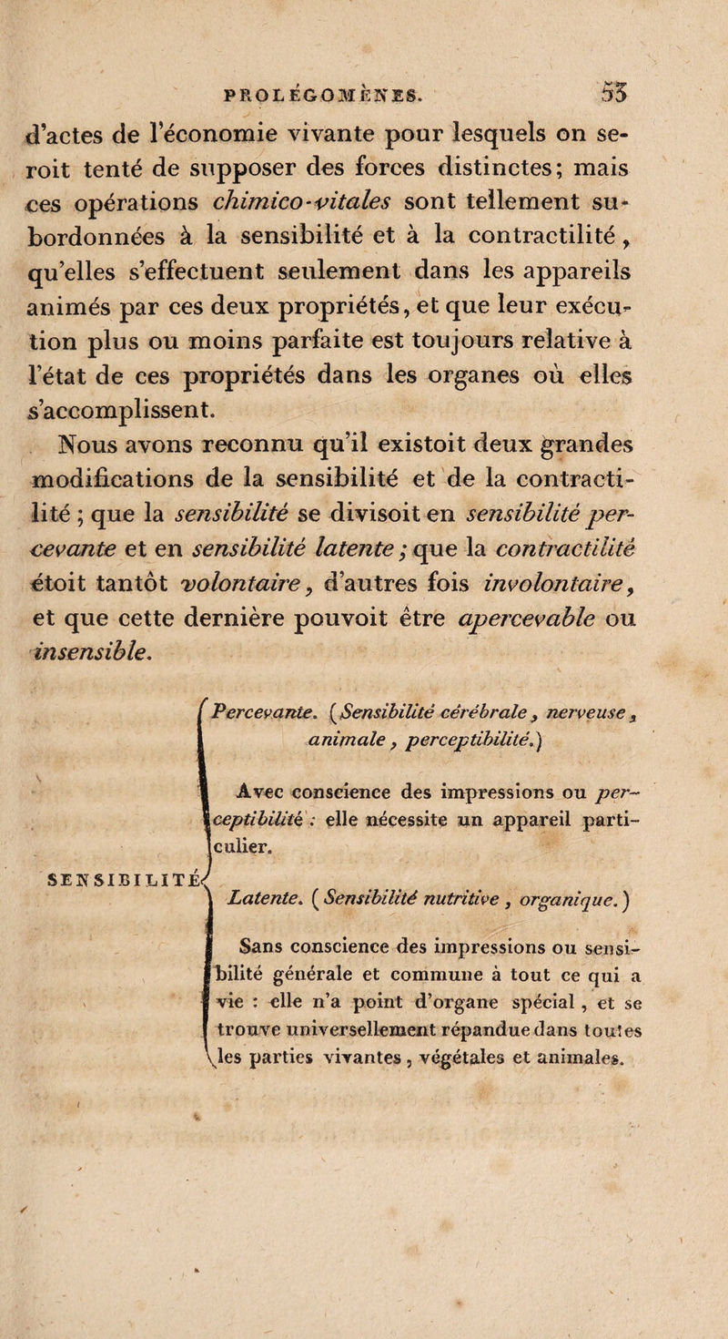 d’actes de l’économie vivante pour lesquels on se- roit tenté de supposer des forces distinctes; mais ces opérations chimico-vitales sont tellement su¬ bordonnées à la sensibilité et à la contractilité , qu’elles s’effectuent seulement dans les appareils animés par ces deux propriétés, et que leur exécu¬ tion plus ou moins parfaite est toujours relative à l’état de ces propriétés dans les organes où elles s’accomplissent. Nous avons reconnu qu’il existoit deux grandes modifications de la sensibilité et de la contracti¬ lité ; que la sensibilité se divisoit en sensibilité per¬ cevante et en sensibilité latente ; que la contractilité étoit tantôt volontaire, d’autres fois involontaire, et que cette dernière pouvoit être apercevable ou insensible. 1 Percevante. ( Sensibilité cérébrale , nerveuse , animale, perceptibilité Avec conscience des impressions ou per¬ ceptibilité; : elle nécessite un appareil parti¬ culier. \ Latente. ( Sensibilité nutritive , organique. ) I Sans conscience des impressions ou sensi- gbilité générale et commune à tout ce qui a I vie : elle n’a point d’organe spécial , et se J trouve universellement répandue dans toutes V ies parties vivantes , végétales et animales.