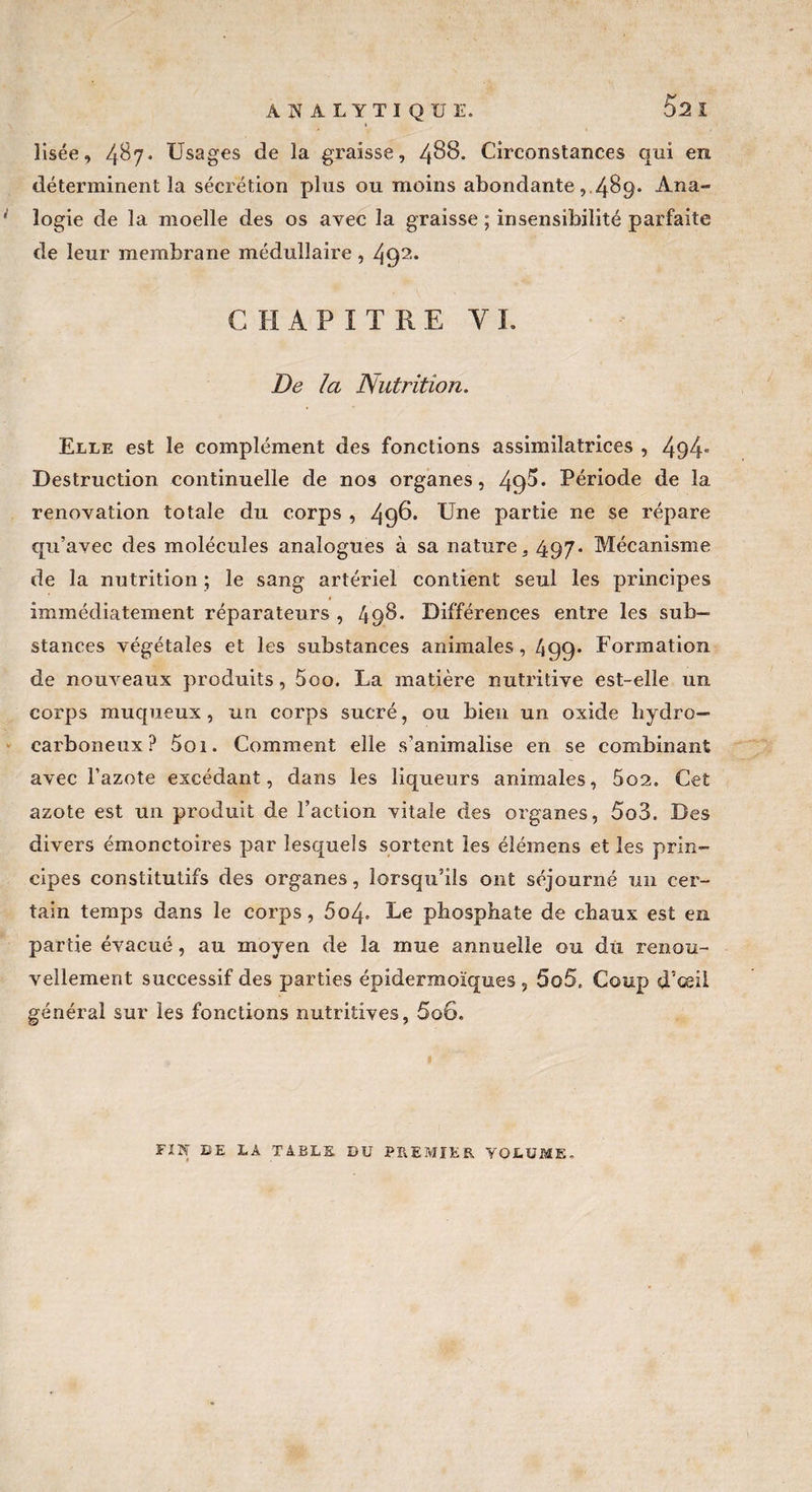 ANALYTIQUE. Usée, 487. Usages de la graisse, 488. Circonstances qui en déterminent la sécrétion plus ou moins abondante , 489* Ana- * logie de la moelle des os avec la graisse ; insensibilité parfaite de leur membrane médullaire , 492“ CHAPITRE Y I. De la Nutrition. Elle est le complément des fonctions assimilatrices , 494° Destruction continuelle de nos organes, 4f)Y Période de la renovation totale du corps , 496. Une partie ne se répare qu’avec des molécules analogues à sa nature, 497. Mécanisme de la nutrition ; le sang artériel contient seul les principes immédiatement réparateurs , 498. Différences entre les sub¬ stances végétales et les substances animales, 499* Formation de nouveaux produits, 5oo. La matière nutritive est-elle un corps muqueux , un corps sucré, ou bien un oxide hydre— earboneux? 5oi. Comment elle s’animalise en se combinant avec l’azote excédant, dans les liqueurs animales, 5o2. Cet azote est un produit de l’action vitale des organes, 5o3. Des divers émonctoires par lesquels sortent les élémens et les prin¬ cipes constitutifs des organes, lorsqu’ils ont séjourné un cer¬ tain temps dans le corps, 504° Le phosphate de chaux est en partie évacué, au moyen de la mue annuelle ou du renou¬ vellement successif des parties épidermoïques , 5o5. Coup d’œil général sur les fonctions nutritives, 5o6. FIN BE LA TABLE, DU PREMIER VOLUME.