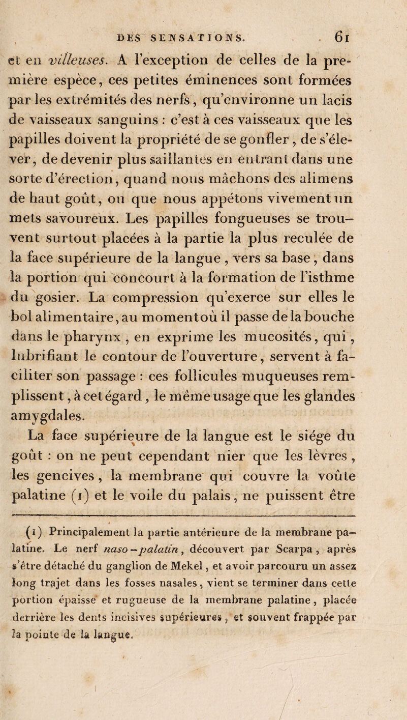 et en villeuses. A l’exception de celles de la pre¬ mière espèce, ces petites éminences sont formées par les extrémités des nerfs, qu’environne un lacis de vaisseaux sanguins : c’est à ces vaisseaux que les papilles doivent la propriété de se gonfler , de s’éle¬ ver, de devenir plus saillantes en entrant dans une sorte d’érection, quand nous mâchons des alimens de haut goût, ou que nous appétons vivement un mets savoureux. Les papilles fongueuses se trou¬ vent surtout placées à la partie la plus reculée de la face supérieure de la langue , vers sa base, dans la portion qui concourt à la formation de l’isthme du gosier. La compression qu’exerce sur elles le bol alimentaire, au momentoù il passe de la bouche dans le pharynx , en exprime les mucosités, qui, lubrifiant le contour de l’ouverture, servent à fa¬ ciliter son passage : ces follicules muqueuses rem¬ plissent , à cet égard, le même usage que les glandes amygdales. La face supérieure de la langue est le siège du goût : on ne peut cependant nier que les lèvres , les gencives, la membrane qui couvre la voûte palatine (i) et le voile du palais, ne puissent être « (i) Principalement la partie antérieure de la membrane pa¬ latine. Le nerf naso - palatin, découvert par Scarpa , après s’étre détaché du ganglion de Mekel, et avoir parcouru un assez long trajet dans les fosses nasales, vient se terminer dans cette portion épaisse et rugueuse de la membrane palatine, placée derrière les dents incisives supérieures , et souvent frappée par la pointe de la langue. I