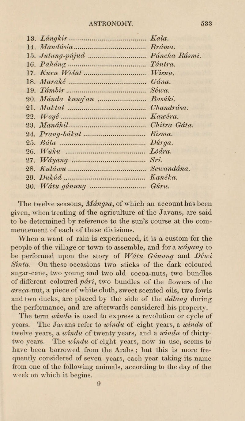 13. Ldngkir. 14. Mandasia. 15. Julung-pujud .. 16. Pahang . 17. Kuru Welut. 18. Marake. 19. Tdmhir. 20. Man da kung\in . 21. Maktal . 22. Woye. 23. Mandhil. . Chitra Gdta. 24. Prang-bakat. . Bisma. 25. Bala . 26. Wuku . 27. Wdyang . . Sri. 28. Kuldwu. 29. Dukud. 30. Wdtu gunung . The twelve seasons, Mdngsa, of which an account has been given, when treating of the agriculture of the Javans, are said to be determined by reference to the sun’s course at the com¬ mencement of each of these divisions. When a want of rain is experienced, it is a custom for the people of the village or town to assemble, and for a wdyang to be performed upon the story of Wdtu Gunung and Deivi Sinta. On these occasions two sticks of the dark coloured sugar-cane, two young and two old cocoa-nuts, two bundles of different coloured pari, two bundles of the flowers of the areca-nut, a piece of white cloth, sweet scented oils, two fowls and two ducks, are placed by the side of the dalang during the performance, and are afterwards considered his property. The term windu is used to express a revolution or cycle of years. The Javans refer to windu of eight years, a windu of twelve years, a windu of twenty years, and a windu of thirty- two years. The windu of eight years, now in use, seems to have been borrowed from the Arabs ; but this is more fre¬ quently considered of seven years, each year taking its name from one of the following animals, according to the day of the week oil which it begins. 9