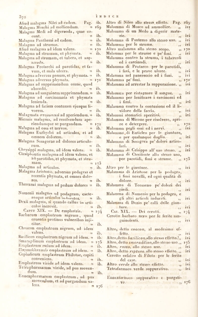 Aliud malagma Nilei ad eadem. Malagma Moschi ad molliendum. m Malagma Medi ad digeronda, quae co- Pag. ih. Altro di Nileo allo slesso effetto. Pag. 1G9 169 Malamma di Mosco ad ammollire. „ ivi Malamma di un Medo a digerir mate- eunt. ìì ib. ne. „ IVI Malagma Pantliemi ad eadem. lì ib. Malamma di Pantemo allo stesso uso. „ ivi Malagma ad strumas. ìì ib. Malamma per le strume. „ ivi Aliud malagma ad idem valens. ìì 170 Altro malamma allo stesso scopo. „ 170 Malagma ad strumam, et phymata. ìì ib. Malamma per le strume e pe1 fimi. ,, Malamma contro la struma, i tubercoli ed i carcinodi. ,, ivi Malagma ad strumam, et tuberà, et 5uvojS'ti. *«p- ìì ib. • • ivi Malagma Protarchi ad parolidas, et fa- vum, et mala ulcera. •» Malagma adversus panimi, et phymata. « Malagma adversus phymata. n Malagma ad supprimendum orane, quod ahscedit. » Malagma ad sanguinem supprimendum. « Malagma ad carcinomata et phymata lenienda. « Malagma ad faciem contusam ejusque li- vorem. « Mal agraata rrrouojrnid ad aperiendum. n Miconis malagma, ad resolvendum ape- riendumque ac purgandum. » Malagma ad ossa et nervos. « Mala graa Euthyclei ad articulos, et ad omnera dolorem. « Mala gma Sosagorae ad dolores articolo- rum. « Ehvysippi malagma, ad idem valens. ìì Ctesipliontis malagma ad idem valens, et ad parotidas, et phymata, et stru- raam. w Malagma ad articulos. ìì Malagma Aristonìs, adversus podagras et recentia phymata, et omnes dolo- res. « Theoxeni malagma ad pedum dolores « Nuraenii malagma qd poclagram, caete- rosque articulos mancatosi Dexii malagma, si quando callus in arti- culos increvit. „ Caput XIX. — De em pia s tris. •>•> Barbarum emplastrum nigrum, quod cruentis protinus vulneribus inji- citur. „ Choacon emplastrum nigrum, ad idem valens. „ Basilioon emplastrum nigrum ad idem, » Smaragdinum emplastrum ad idem. « Emplastrum rubini ad idem. 1? TlapctKo'WvTix.o'v emplastrum ad idem. ìì Cephalicum emplastrum Philotae, capiti conveniens. « Emplastrum viride ad idem valens. « 1 eirapharmacurn viride, ad pus moven- dum. „ Enneapharmacum emplastrum, ad pus moventium, et ad purgandum va- lens. „ ib. ih. 171 ih. ib. ib. ib. ib. 172 ib. ib. ib. ib. iy3 ib. ib. ib. ib. ib. i74 ib. ib. ib. 1 75 ib. ib. ib. ib. ib. 176 Malamma di Prolarco per le parotidi, i favi, e le prave ulcere. Malamma nel panereccio ed i fimi. Malamma pe’ fimi. Malamma ad arrestar la suppurazione. „ Malamma per ristagnare il sangue. Malamma per lenificare i carcinomi ed i fimi. ,, Malamma contro la contusione ed il li- vidore della faccia. „ Malanimi stomatici aperitivi. „ Malamma di Micone per risolvere, apri- re e detergere. 11 Malamma pegli ossi ed i nervi. Malamma.di Euticleo per le giunture, e per qualunque doglia. „ Malamma di Sosagora pe’ dolori artico- lati. ,, Malamma J* Crisippo all’ uso stesso. „ Malamma di Ctesifonte allo slesso uso, per parolidi, fimi e strame. ìì Altro per le giunture. ,, Malamma di Aristone per la podagra, i fimi novelli, ed ogni qualità di dolore. „ Malamma di Teosseno pe’ dolori dei piedi. „ Malamma di Numenio per la podagra, e gli altri articoli indurati. Malamma di Dezio pe’ calli delle giun ture. ,, Cav. XIX. — Dei cerotti. Cerotio barbaro nero per le ferite san guinolenti. ,, lì ivi ivi 171 ivi • • IVI ivi ivi ivi 172 ivi ivi ivi ivi 173 ivi ivi ivi ivi ivi 174 ivi Altro, detto coacon, al medesimo ef- fetto. „ ivi Altro,detto basilico/!,allo stesso effetto.!,, ivi Altro, detto smaraddino,a\lo stesso uso.,, 175 Altro, rosso, allo stesso uso. ,, Altro, detto riptusa. allo stesso effetto. „ Cerotto cefalico di Filola per le ferite del capo. Altro verde allo stesso effetto. Tetrafarmaco verde suppurativo. ivi ivi ivi ivi ivi Euneatarmaeo vo. suppurativo e purgati- 176