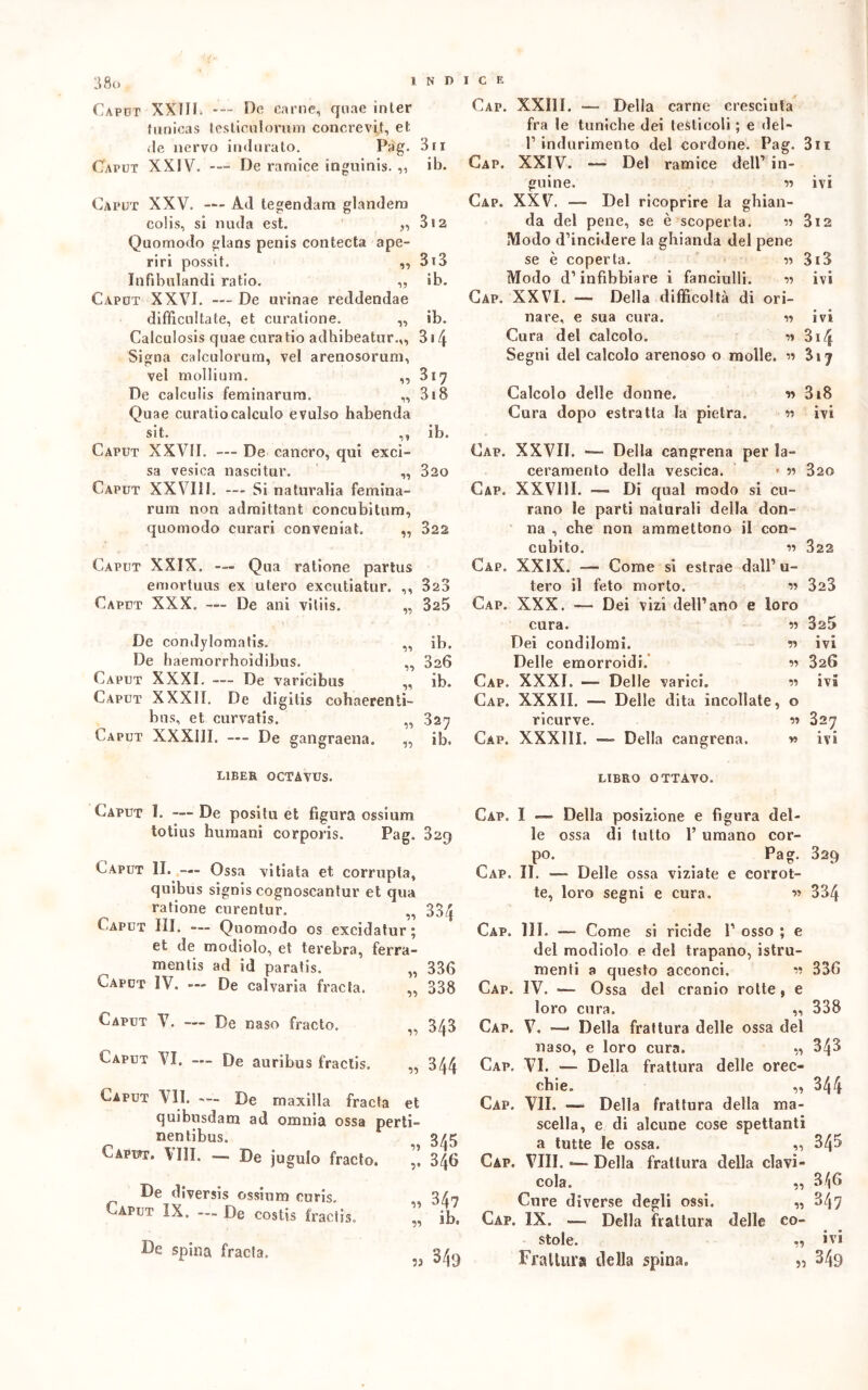 Caput XX1I1. De carne, quae inler tunicas testiculorum conerevit, et de nervo indurato. Pàg. 3 ri Caput XXIV. De ramice inguinis. ,, ib. Caput XXV. Ad tegendara glandera colis, si nuda est. ,, 312 Quomodo glans penis contecta ape- riri possit. ,, 3i3 Infibulandi ratio. „ ib. Caput XXVI. — De urinae reddendae difficultate, et curatione. ,, ib. Calculosis quae cura tio adhibeatur.,, 314 Signa calculorum, vel arenosorum, vel moìlium. ,, 317 De calculis feminarum. „ 318 Quae curatiocalculo evulso habenda sit. ,, ib. Caput XXVII. — De cancro, qui exci- sa vesica nascitur. ,, 320 Caput XXVIII. —- Si naturalia fermila- rum non admittant concubitum. quomodo curari conveniat. 322 Caput XXIX. — Q ua ratione partus emortuus ex utero excutiatur. ,, 3a3 Caput XXX. — De ani vìtiis. „ 325 *)•> ib. 326 De condylomatis. De haemorrhoidibus. Caput XXXI. — De varicibus „ ib. Caput XXXII. De digitis cohaerenfi- bus, et curvatis. „ 327 Caput XXXIII. —- De gangraena. „ ib. L1BER 0CTAVUS. Caput I. — De positi! et figura ossium totius humani corporis. Pag. 829 C aput II. — Ossa vi fiata et corrupla, quibus signis cognoscantur et qua ratione curentur. ,, 33/| Caput III. — Quomodo os excidatur ; et de modiolo, et terebra, ferra- mentis ad id paratis. „ 336 Caput IV. — De calvaria fracta. ,, 338 Caput Y. — De naso fracto. Caput YI. — De auribus fractis. 343 344 De spina fracta. Caput VII. — De maxilla fracta et quibusdam ad omnia ossa perii- nentibus. ^ 3/5 Capto. Vili. — De jugulo fracto. 346 De diversis ossinm curis. „ 347 v.aput IX. — De costis fractis. „ ib. :) ^4fJ Cap. XXIII. — Della carne cresciuta fra le tuniche dei testicoli ; e del- l1 indurimento del cordone. Pag. Sii Cap. XXIV. — Del ramice dell1 in- guine. r> ivi Cap. XXV. — Del ricoprire la ghian- da del pene, se è scoperta. « 3i2 Modo d’incidere la ghianda del pene se è coperta. « 3i3 Modo d’infibbiare i fanciulli. ivi Cap. XXVI. — Della difficoltà di ori- nare, e sua cura. « ivi Cura del calcolo. 1» 3i4 Segni del calcolo arenoso o molle. « 317 Calcolo delle donne. r> 318 Cura dopo estratta la pietra. « ivi Cap. XXVII. — Della cangrena per la- ceramento della vescica. » « 320 Cap. XXVIII. — Di qual modo si cu- rano le parti naturali della don- na , che non ammettono i! con- cubito. M 322 Cap. XXIX. ■—• Come si estrae dall1 u- tero il feto morto. « 323 Cap. XXX. — Dei vizi dell’ano e loro cura. ?! 325 Dei condilomi. r> ivi Delle emorroidi. 326 Cap. XXXI. — Delle varici. « iva Cap. XXXII. — Delle dita incollate, o ricurve. ■» 327 Cap. XXXIII. — Della cangrena. » ivi LIBRO OTTAVO. Gap. I ~ Della posizione e figura del- ie ossa di tutto 1’ umano cor- po. Pag. 329 Cap. II. —• Delle ossa viziate e corrot- te, loro segni e cura. w 334 Cap. ìli. — Come si ricide P osso ; e del modiolo e del trapano, istru- menti a questo acconci. « 336 Cap. IV. ■— Ossa del cranio rotte, e loro cura. „ 338 Cap. V. — Della frattura delle ossa del naso, e loro cura. „ 343 Cap. VI. — Della frattura delle orec- chie. „ 344 Cap. VII. —- Della frattura della ma- scella, e di alcune cose spettanti a tutte le ossa. „ 345 Gap. VIII. *— Della frattura della clavi- cola. „ 3^6 Cure diverse degli ossi. „ 347 Cap. IX. — Della frattura delle co- ivi stole. Frattura della spina. 55 349