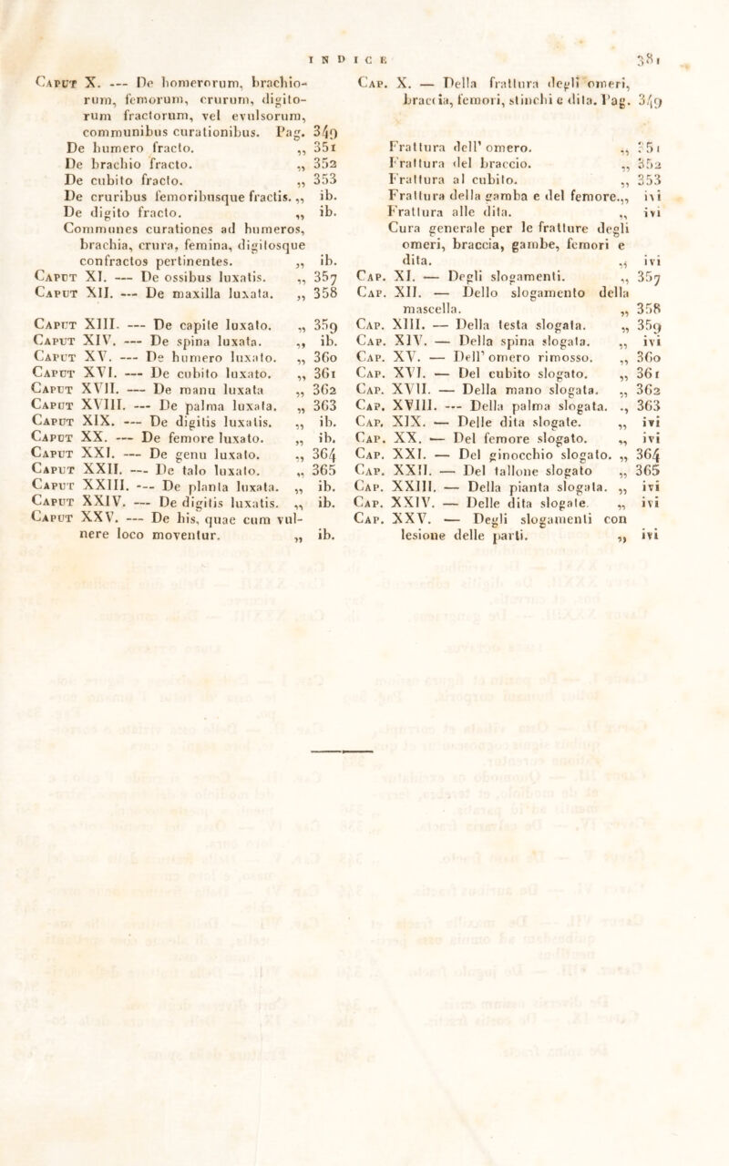 rum, femorum, crurum, digito- rum fractorum, vel evulsorurn, conìmunibus curationibus. Pag* 34() De humero fracto. „ 35i De bracino fracto. „ 352 De cubito fracto. ,, 353 De cruribus femoribusque fractis. ,, ib. De digito fracto. ,, ib. Commnnes curationes ad humeros, brachia, crura, femina, digilosque confractos pertinentes. „ ib. Caput XI. — De ossibus luxatis. „ 35? Caput XII. — De maxilla luxata. „ 358 Caput XIII. — De capite luxato. „ 359 Caput XIV. — De spina luxata. ,, ib. Caput XV. — De humero luxato. „ 36o Caput XVI. — De cubito luxato. ,, 3Gì Caput XVII. — De manu luxata „ 362 Caput XVIII. — De palma luxata. ,, 3G3 Caput XIX. — De digitis luxalis. ,, ib. Caput XX. — De femore luxato. „ ih. Caput XXI. — De genu luxato. „ 3G4 Caput XXII. — De talo luxato. „ 365 Caput XXIII. — De pianta luxata. ,, ib. Caput XXIV. — De digitis luxatis. „ ib. Caput XXV. — De bis, quae cura vul- nere loco moventur. ,, ib. 38i braccia, femori, stinchi c dila. Pag. 3/(9 Frattura dell’omero. ,, ?51 Frattura del braccio. „ 352 Frattura al cubilo. „ 353 Frattura della gamba e del femore.,, hi Frattura alle dita. „ ivi Cura generale per le fratture degli omeri, braccia, gambe, femori e dita. ivi Cap. XI. — Degli slogamenti. ,, 357 Cap. XII. — Dello slogamento della mascella. „ 358 Cap. XIII. — Della testa slogata. „ 359 Cap. XIV. — Della spina slogata. ,, ivi Cap. XV. — Dell1 omero rimosso. ,, 36o Cap. XVI. — Del eubito slogato. ,, 36i Cap. XVII. — Della mano slogata. ,, 362 Cap. XVIII. —- Della palma slogata. ., 363 Cap. XIX. *— Delle dita slogate. „ ivi Cap. XX. •— Del femore slogato. ,, ivi Cap. XXI. — Del ginocchio slogato. „ 364 Cap. XXII. — Del tallone slogato ,, 365 Cap. XXIII. — Della pianta slogala. „ ivi Cap. XXIV. — Delle dita slogate „ ivi Cap. XXV. — Degli slogamenti con lesione delle parli. ,, ivi INDICE