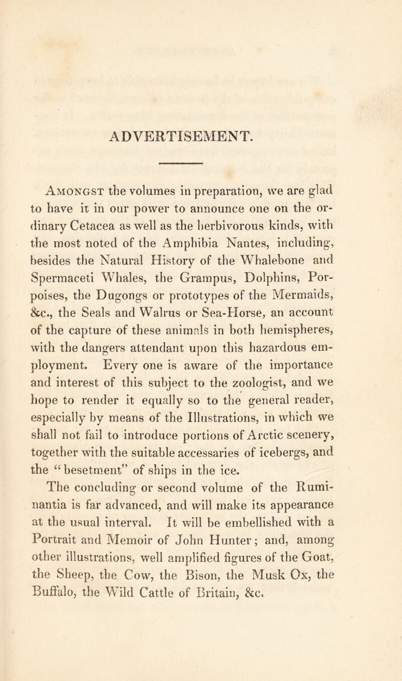 ADVERTISEMENT. Amongst the volumes in preparation, vve are glad to have it in our power to announce one on the or- dinary Cetacea as well as the herbivorous kinds, with the most noted of the Amphibia Nantes, including, besides the Natural History of the Whalebone and Spermaceti Whales, the Grampus, Dolphins, Por- poises, the Dugongs or prototypes of the Mermaids, &c., the Seals and Walrus or Sea-PXorse, an account of the capture of these animals in both hemispheres, with the dangers attendant upon this hazardous em- ployment. Every one is aware of the importance and interest of this subject to the zoologist, and we hope to render it equally so to the general reader, especially by means of the Illustrations, in which we shall not fail to introduce portions of Arctic scenery, together with the suitable accessaries of icebergs, and the “ besetment” of ships in the ice. The concluding or second volume of the Rumi- nantia is far advanced, and will make its appearance at the usual interval. It will be embellished with a Portrait and Memoir of John Hunter; and, among other illustrations, well amplified figures of the Goat, the Sheep, the Cow, the Bison, the Musk Ox, the Buffalo, the Wild Cattle of Britain, &c.